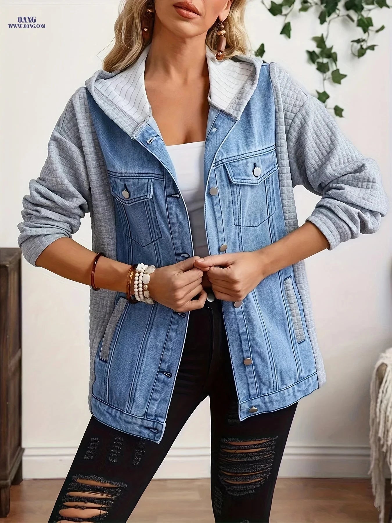 OAXG Women’s Hooded Denim Jacket - Casual Waffle Patchwork Style   OAXG 