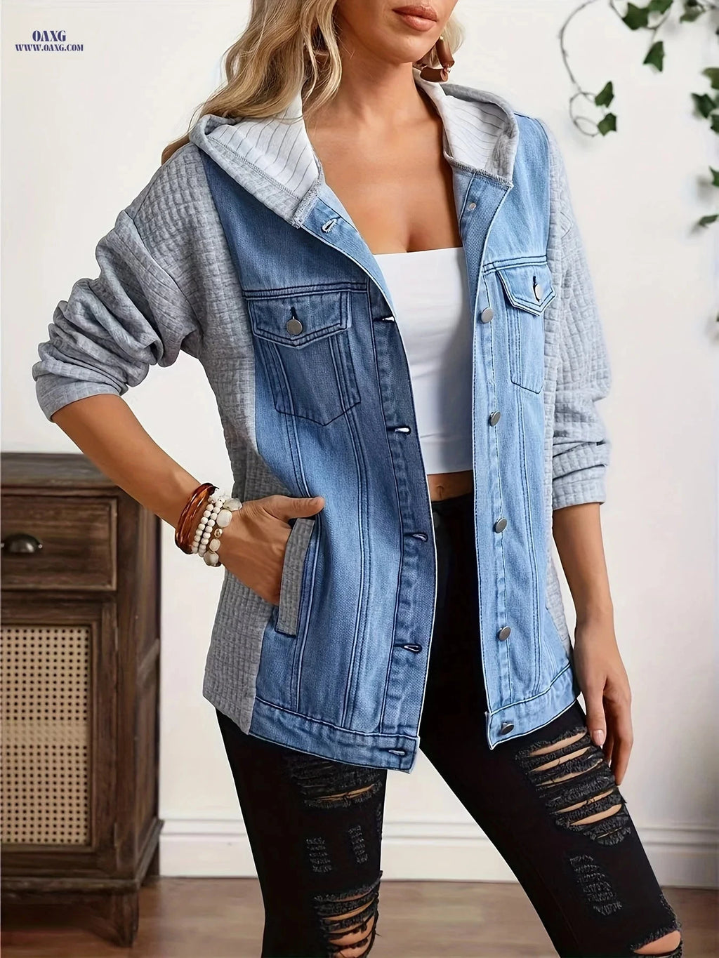 OAXG Women’s Hooded Denim Jacket - Casual Waffle Patchwork Style   OAXG 