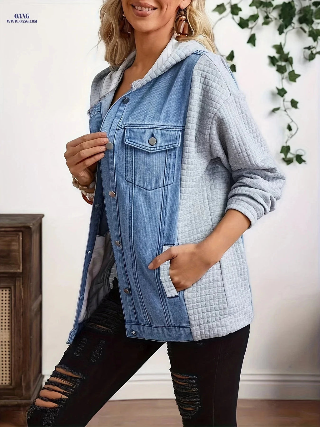 OAXG Women’s Hooded Denim Jacket - Casual Waffle Patchwork Style   OAXG 