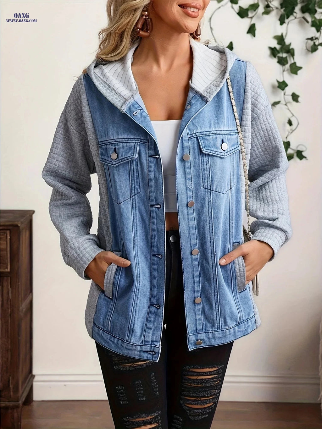 OAXG Women’s Hooded Denim Jacket - Casual Waffle Patchwork Style   OAXG 