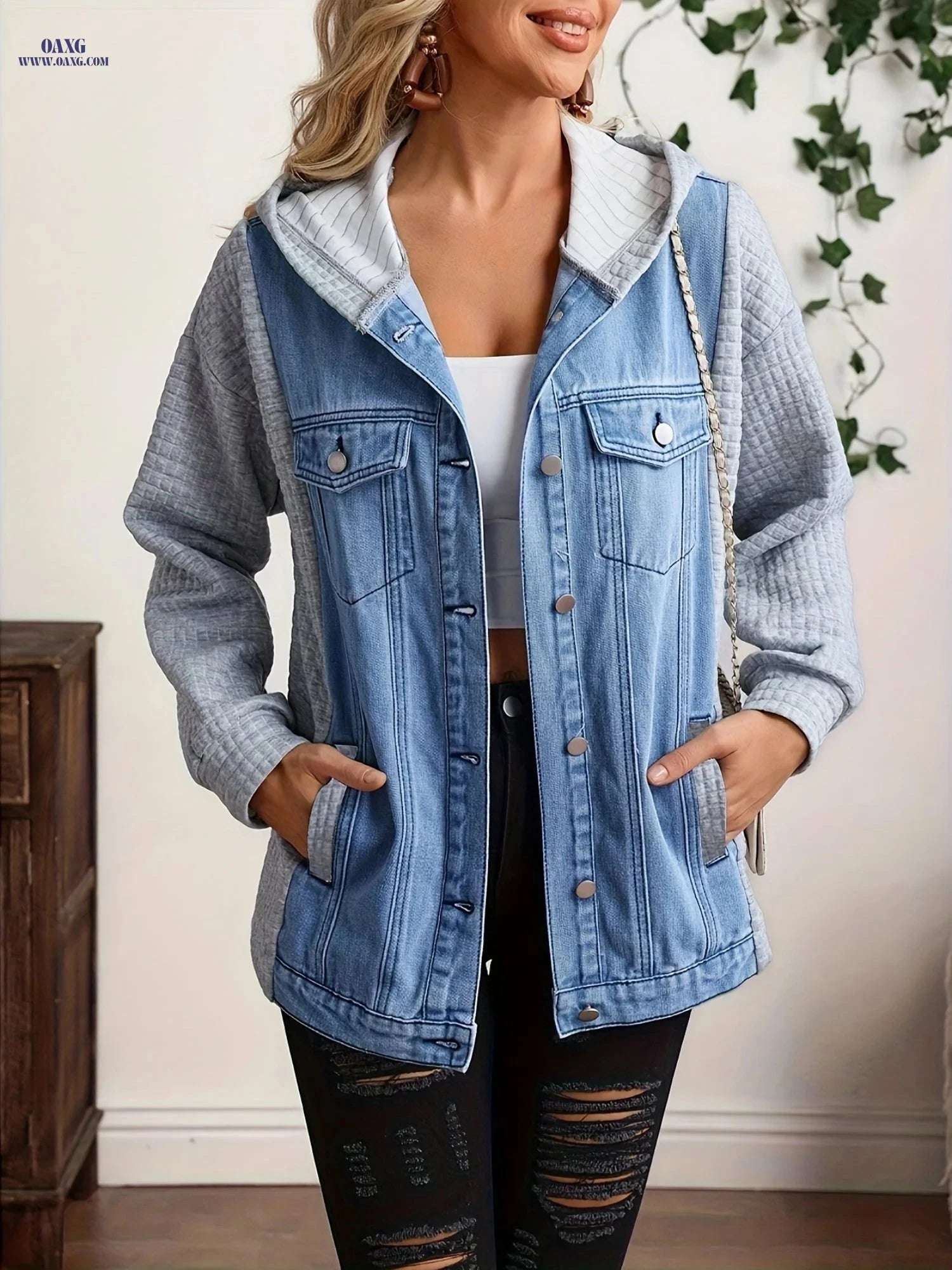 OAXG Women’s Hooded Denim Jacket - Casual Waffle Patchwork Style   OAXG 