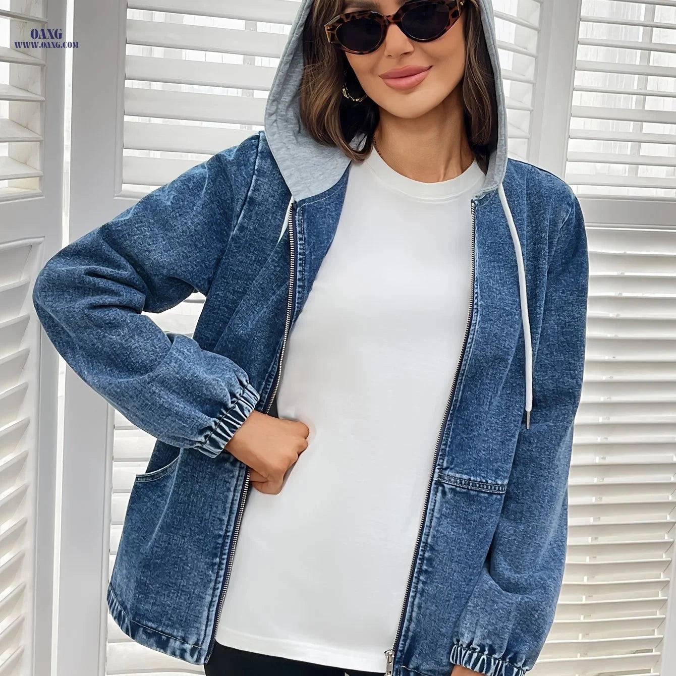 OAXG Women's Hooded Denim Jacket Coat - Spring/Fall Loose Fit   OAXG 