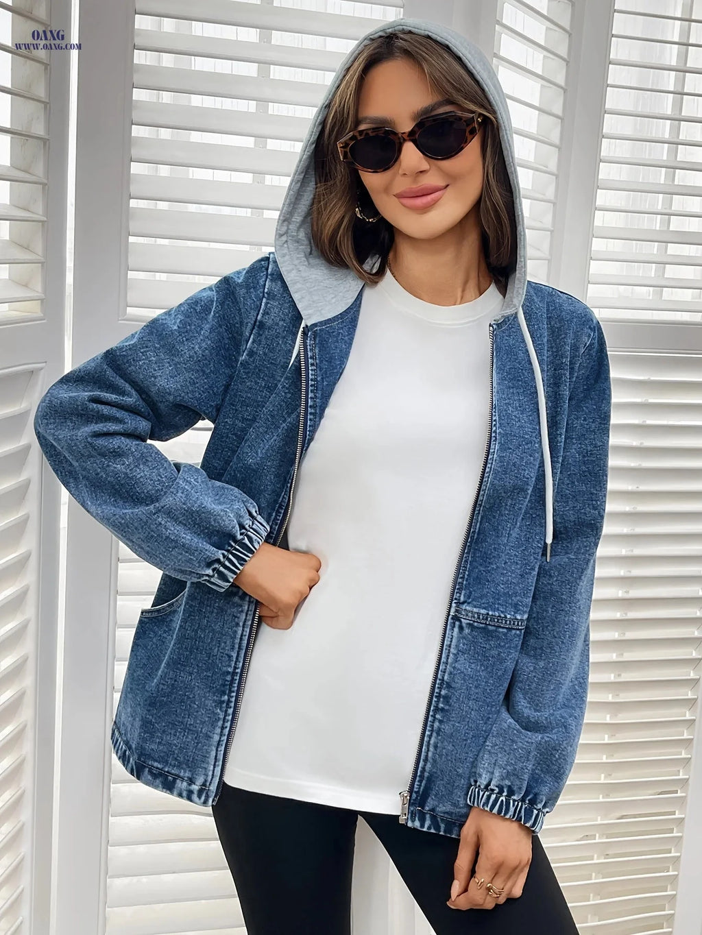OAXG Women's Hooded Denim Jacket Coat - Spring/Fall Loose Fit   OAXG 