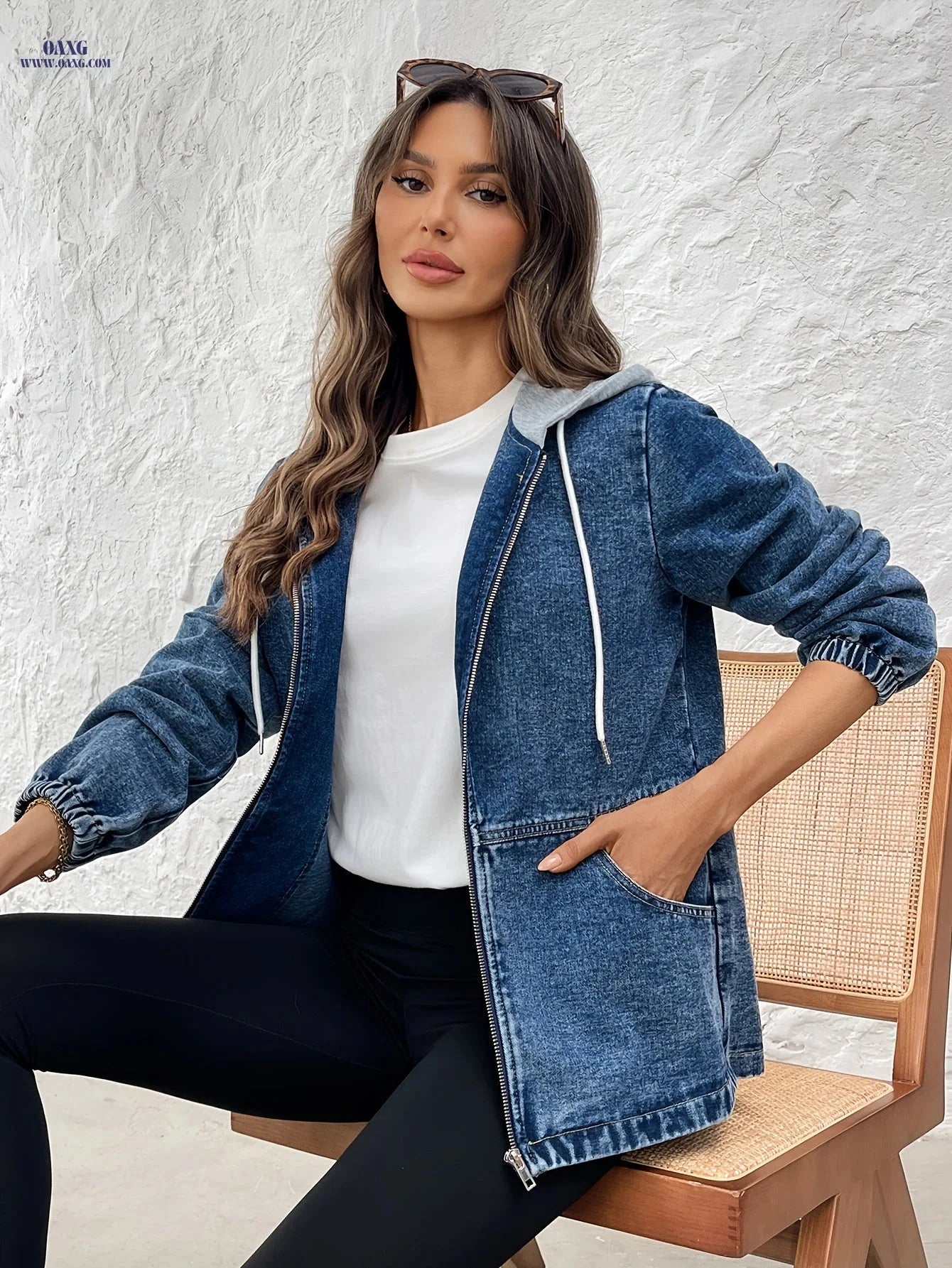 OAXG Women's Hooded Denim Jacket Coat - Spring/Fall Loose Fit   OAXG 