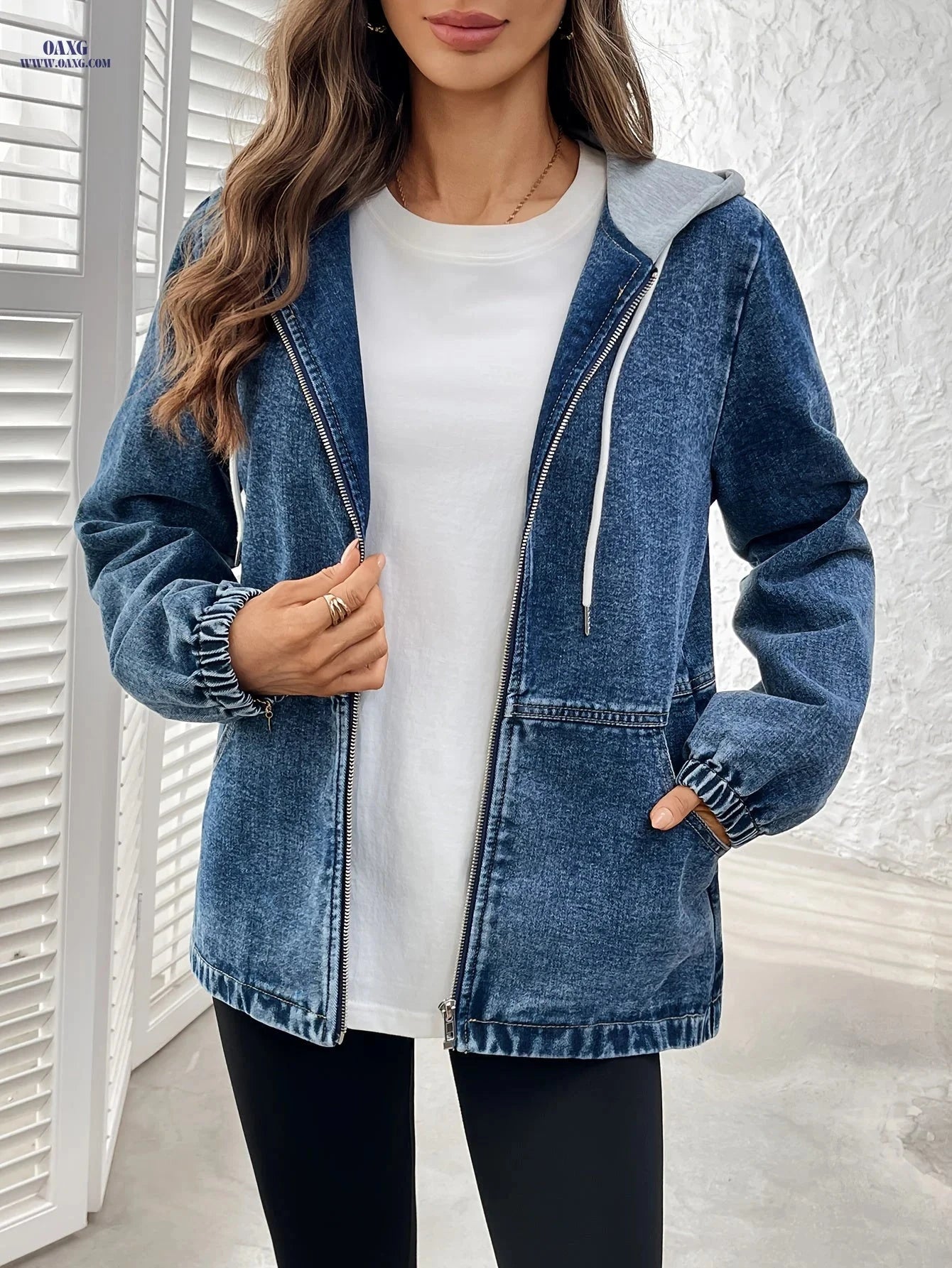 OAXG Women's Hooded Denim Jacket Coat - Spring/Fall Loose Fit   OAXG 