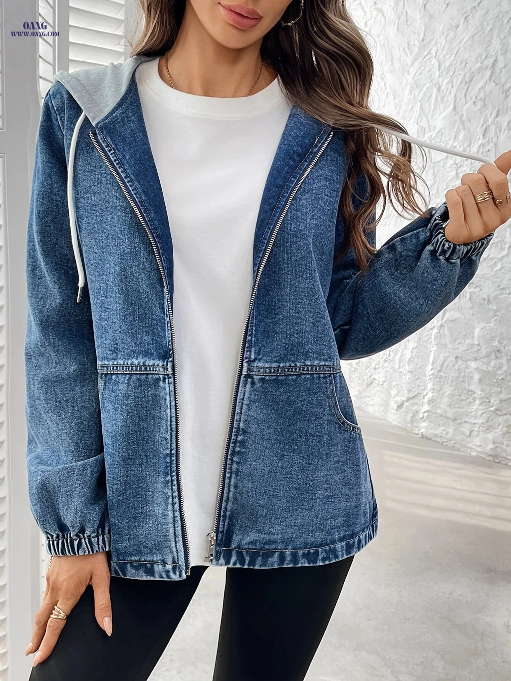 OAXG Women's Hooded Denim Jacket Coat - Spring/Fall Loose Fit   OAXG 