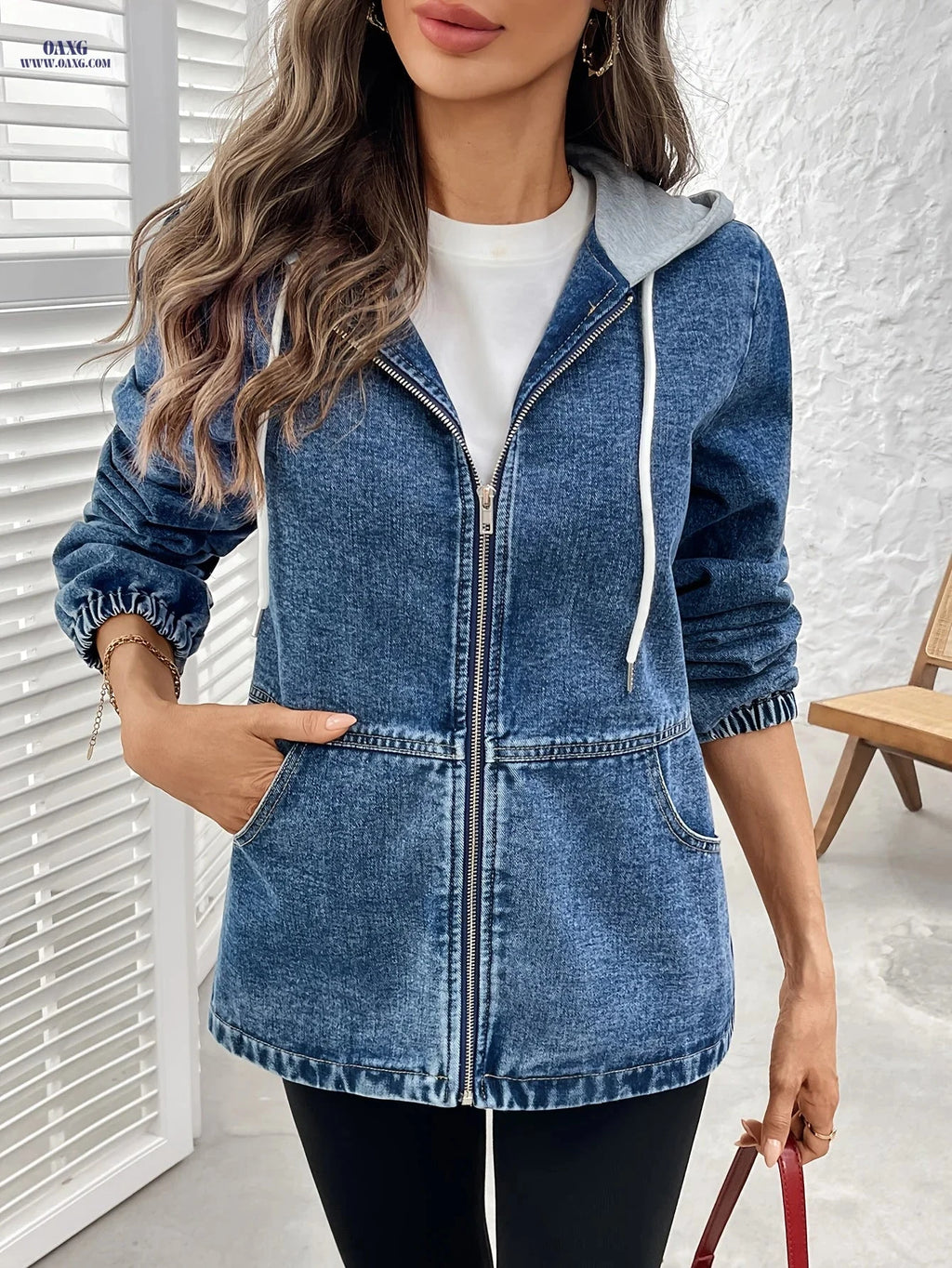 OAXG Women's Hooded Denim Jacket Coat - Spring/Fall Loose Fit   OAXG 