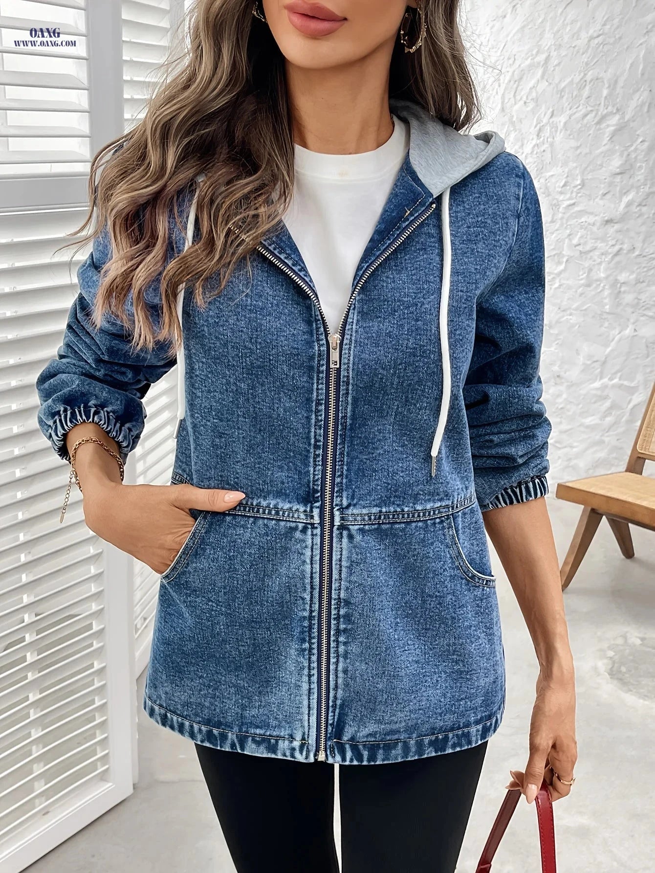 OAXG Women's Hooded Denim Jacket Coat - Spring/Fall Loose Fit   OAXG 