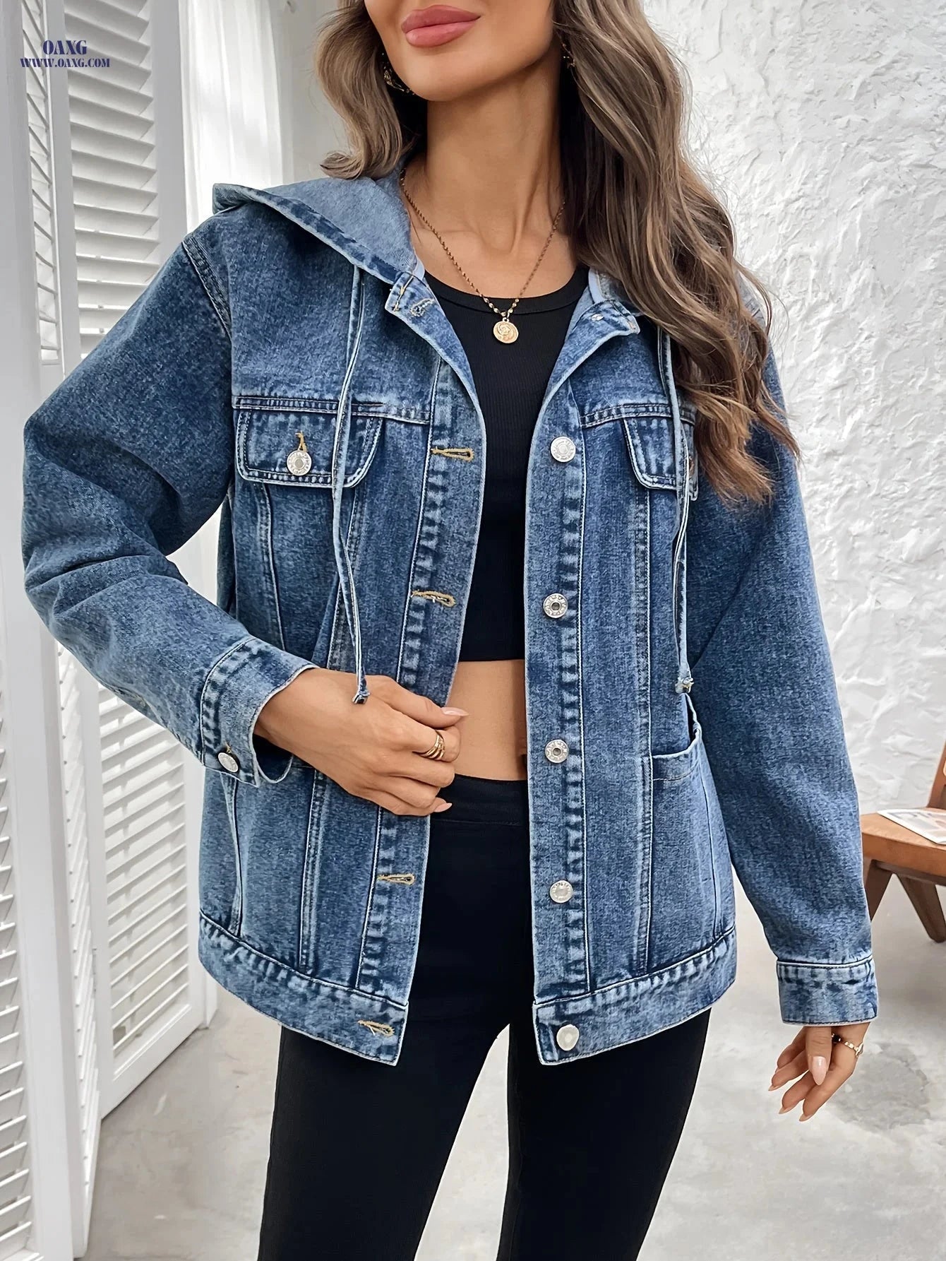 OAXG Women's Hooded Denim Jacket - Elegant Loose-Fit for Spring   OAXG 