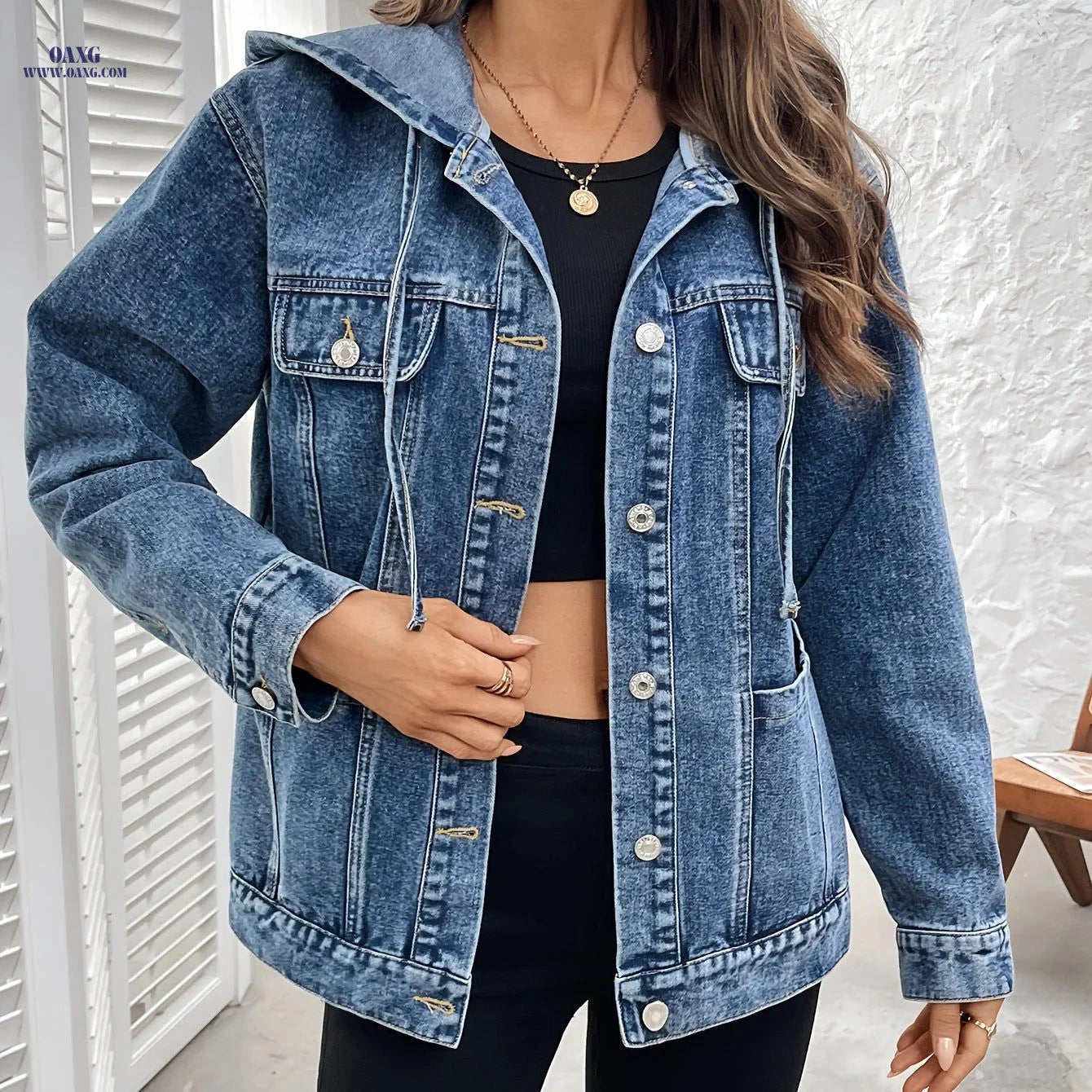 OAXG Women's Hooded Denim Jacket - Elegant Loose-Fit for Spring   OAXG 