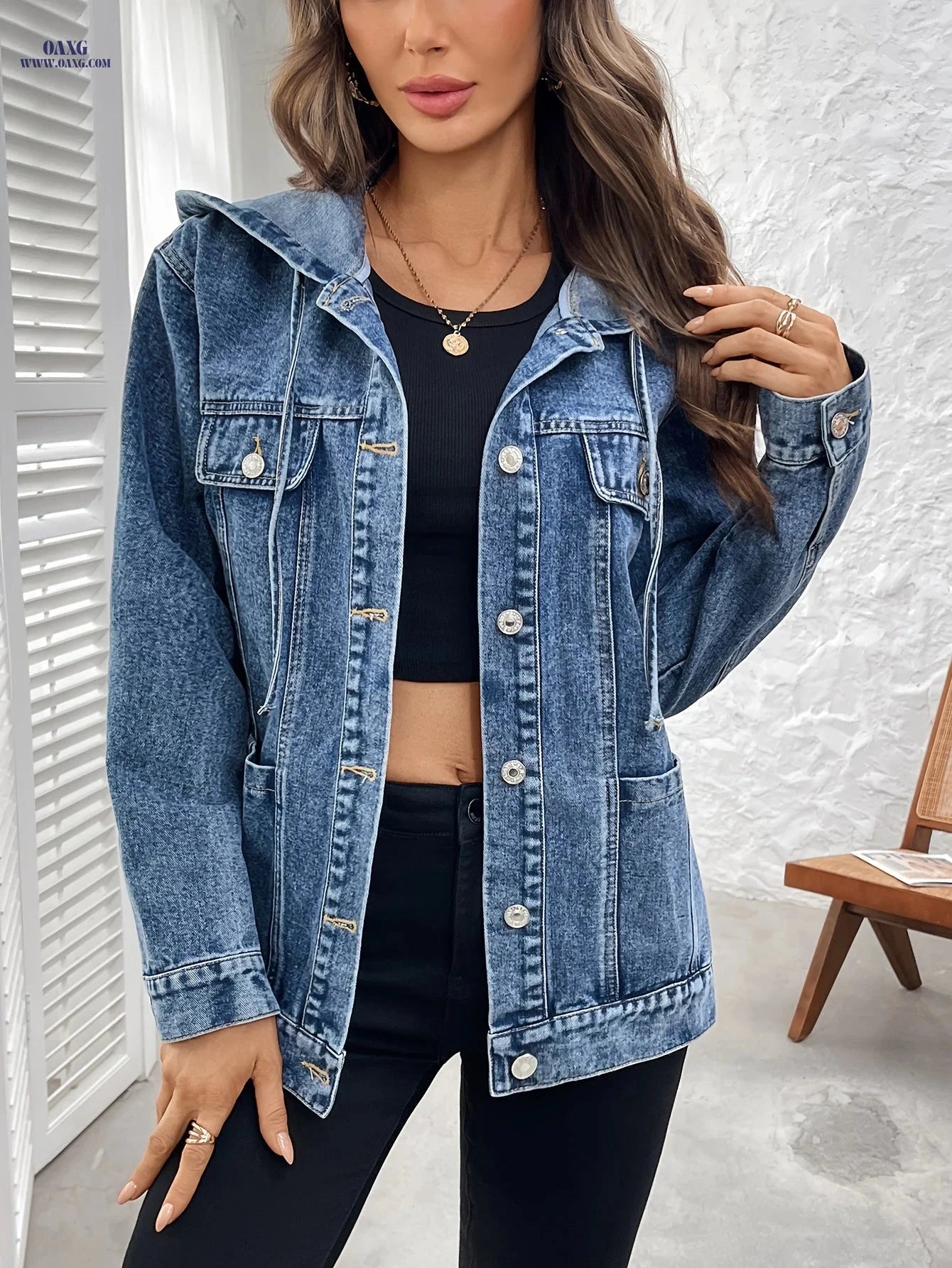 OAXG Women's Hooded Denim Jacket - Elegant Loose-Fit for Spring   OAXG 