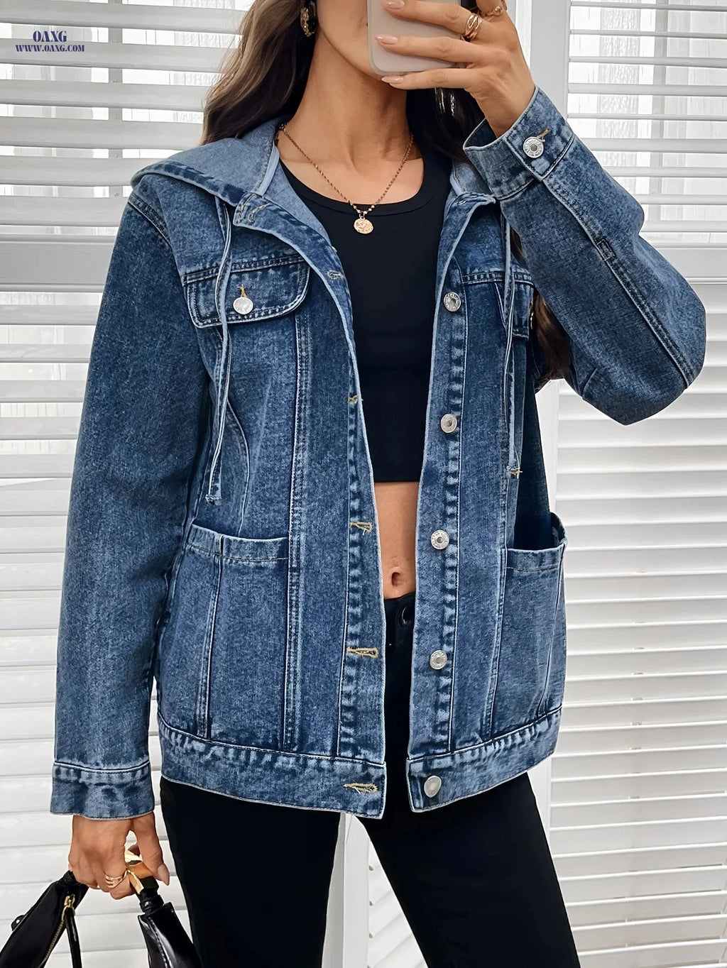 OAXG Women's Hooded Denim Jacket - Elegant Loose-Fit for Spring   OAXG 
