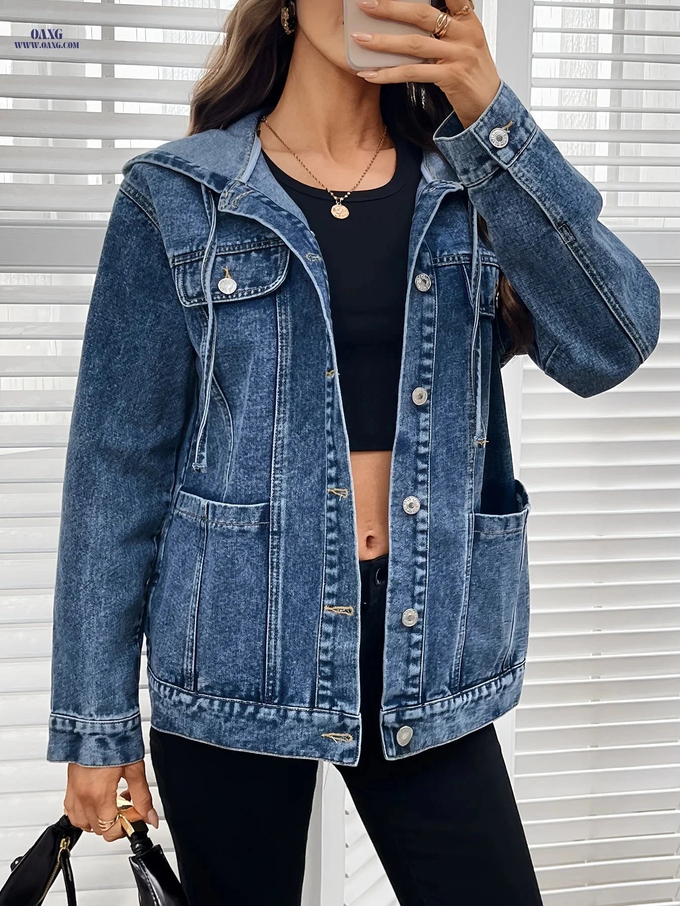 OAXG Women's Hooded Denim Jacket - Elegant Loose-Fit for Spring   OAXG 
