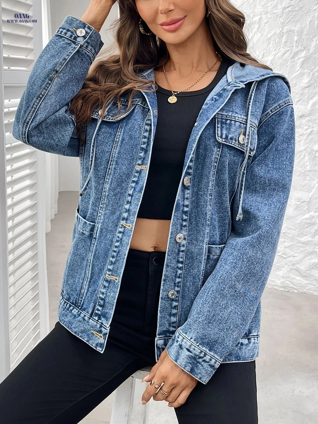 OAXG Women's Hooded Denim Jacket - Elegant Loose-Fit for Spring   OAXG 