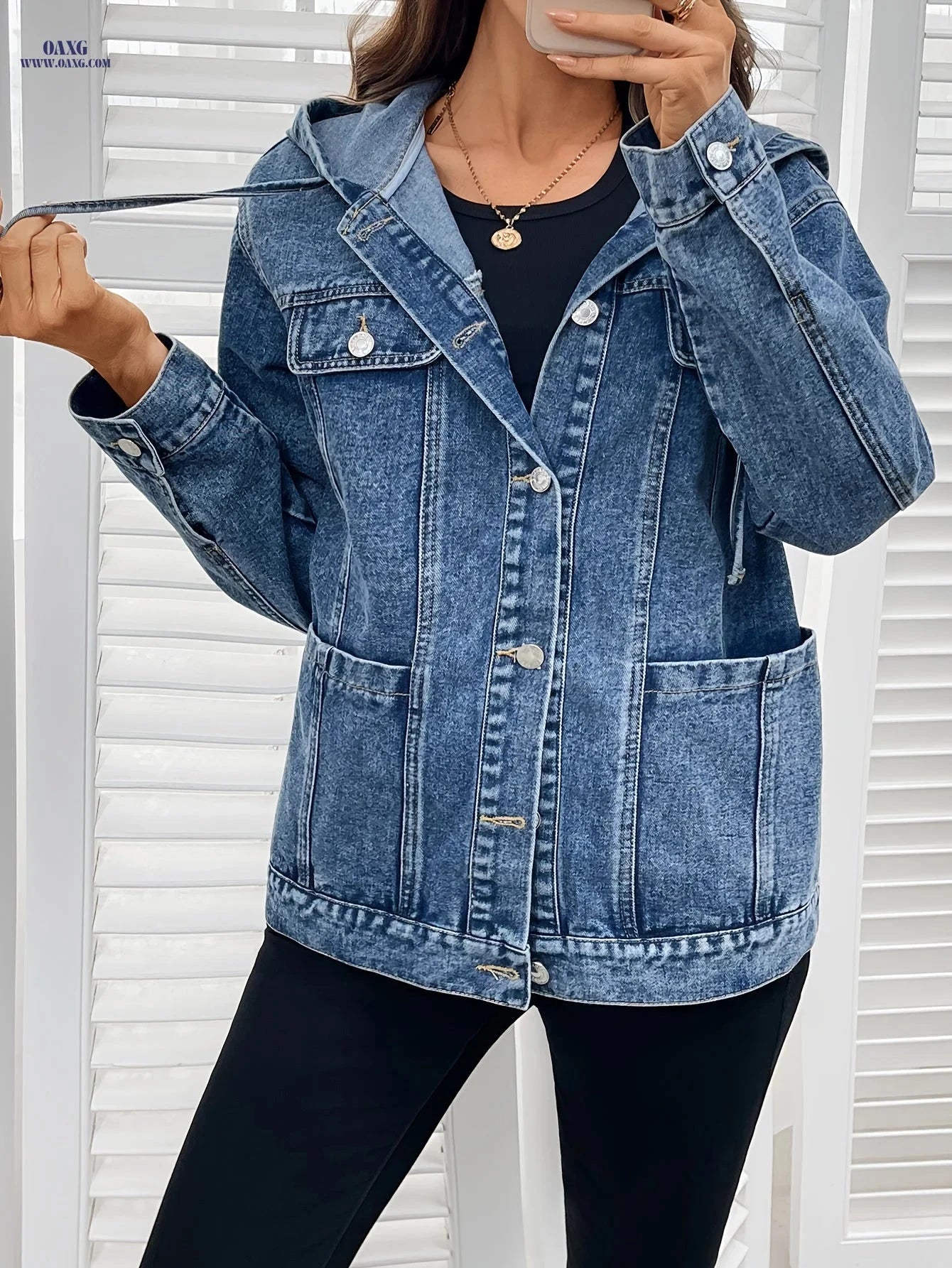OAXG Women's Hooded Denim Jacket - Elegant Loose-Fit for Spring   OAXG 