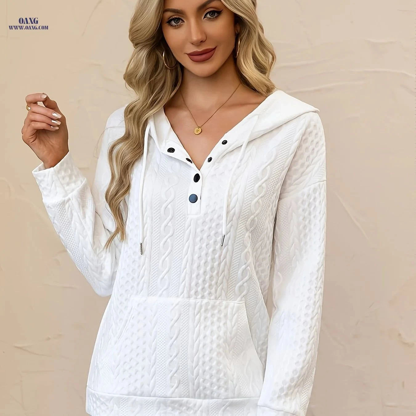 OAXG Women's Hooded Drawstring Sweatshirt - Elegant Fall/Winter Style   OAXG White / S
