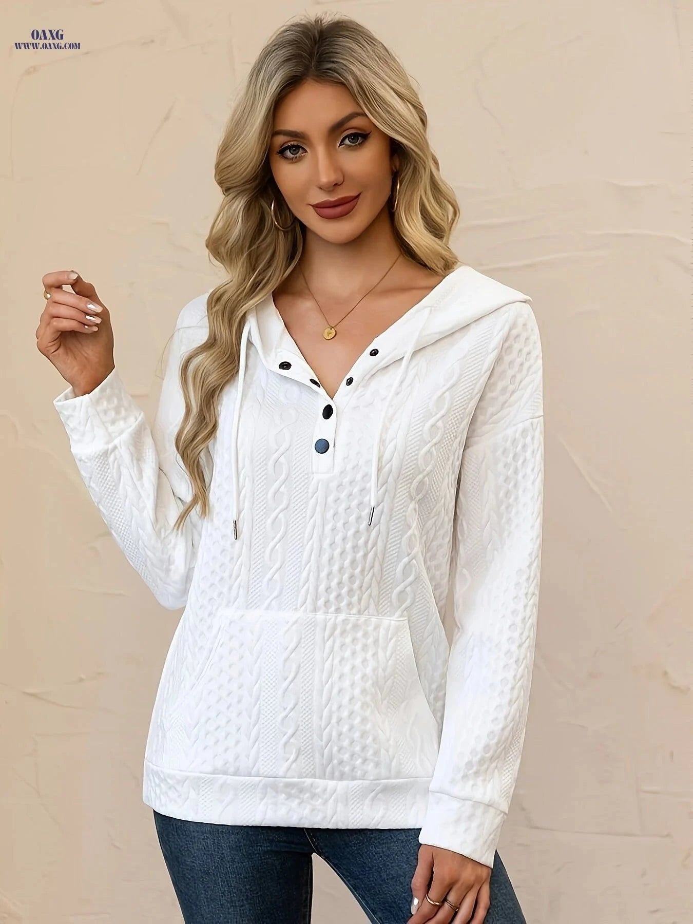 OAXG Women's Hooded Drawstring Sweatshirt - Elegant Fall/Winter Style   OAXG White / S