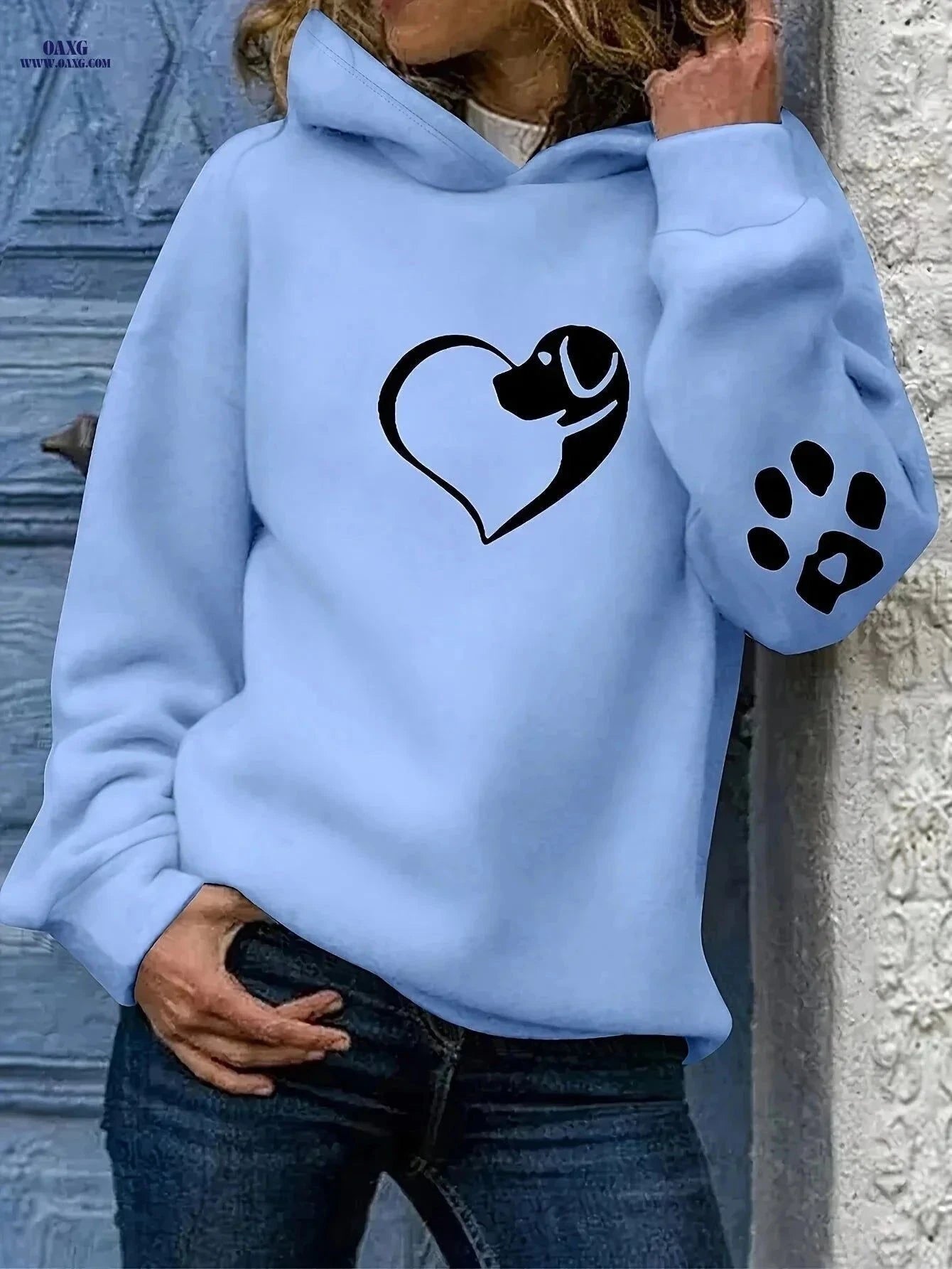 OAXG Women's Hooded Fleece Sweatshirt - Heart & Paw Print Design   OAXG Deep Sky Blue / S