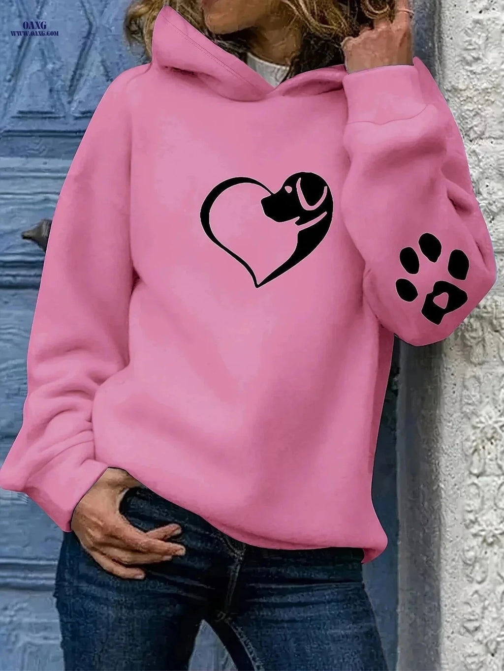 OAXG Women's Hooded Fleece Sweatshirt - Heart & Paw Print Design   OAXG Deep Sky Blue / S