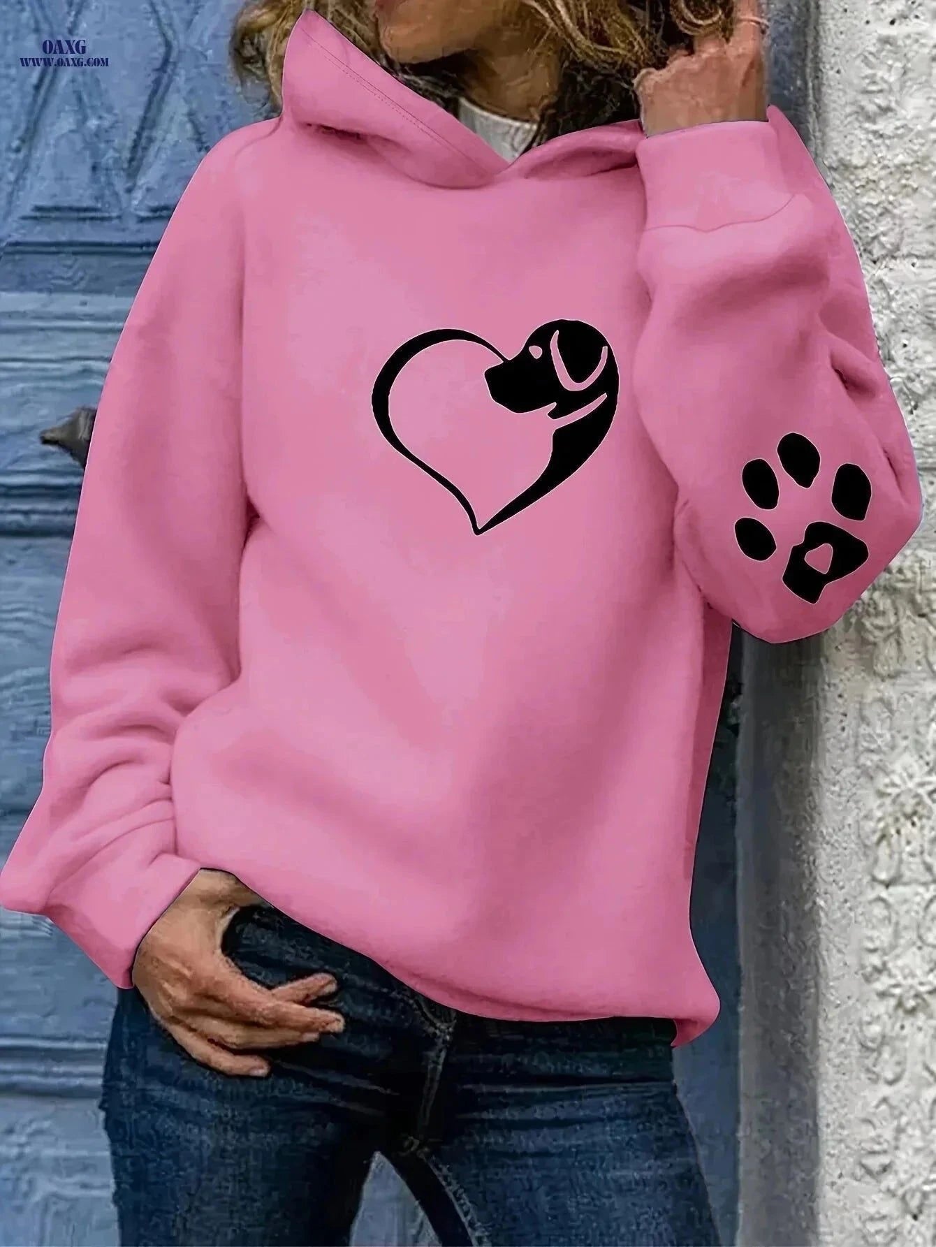 OAXG Women's Hooded Fleece Sweatshirt - Heart & Paw Print Design   OAXG Deep Sky Blue / S
