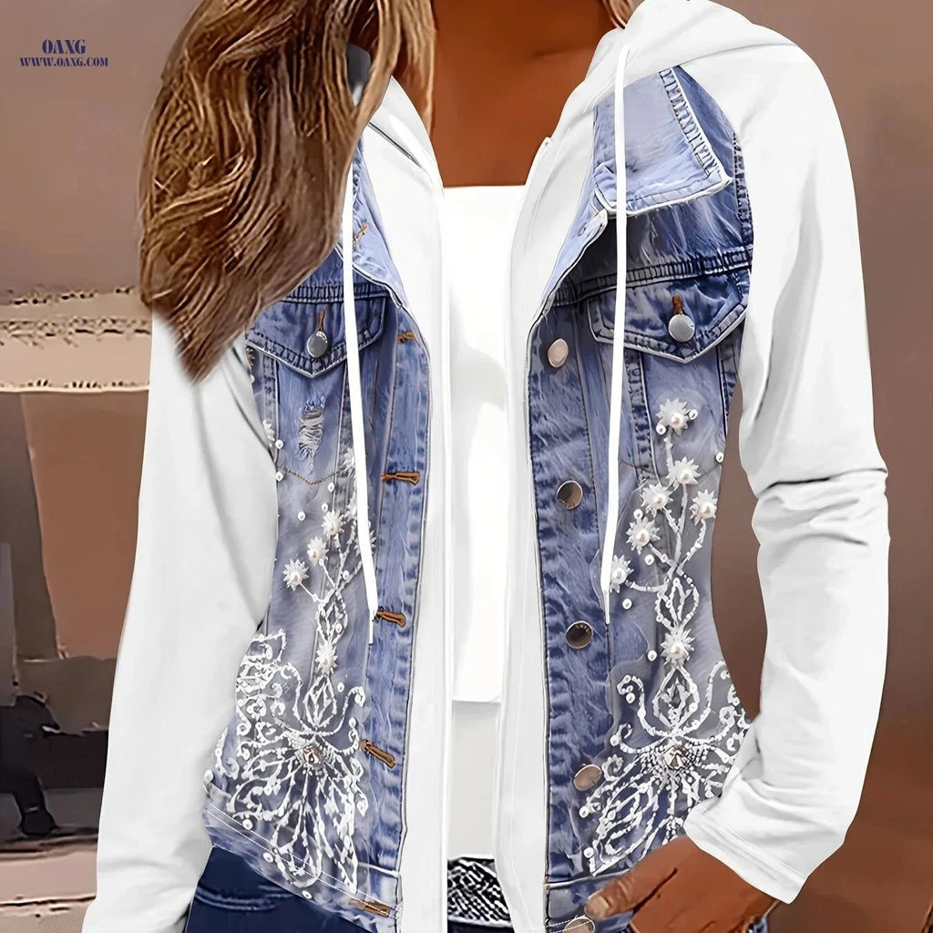 OAXG Women's Hooded Floral Denim Jacket - Casual Spring/Fall Style   OAXG Mixed colors / S