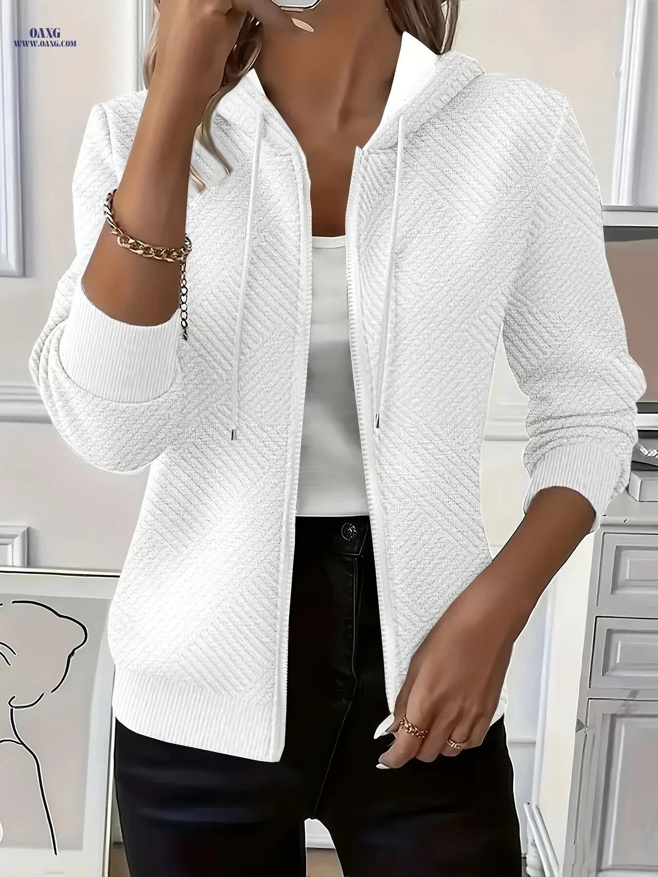 OAXG Women's Hooded Jacket - Elegant Casual Zip-Up for Fall   OAXG Grey / S