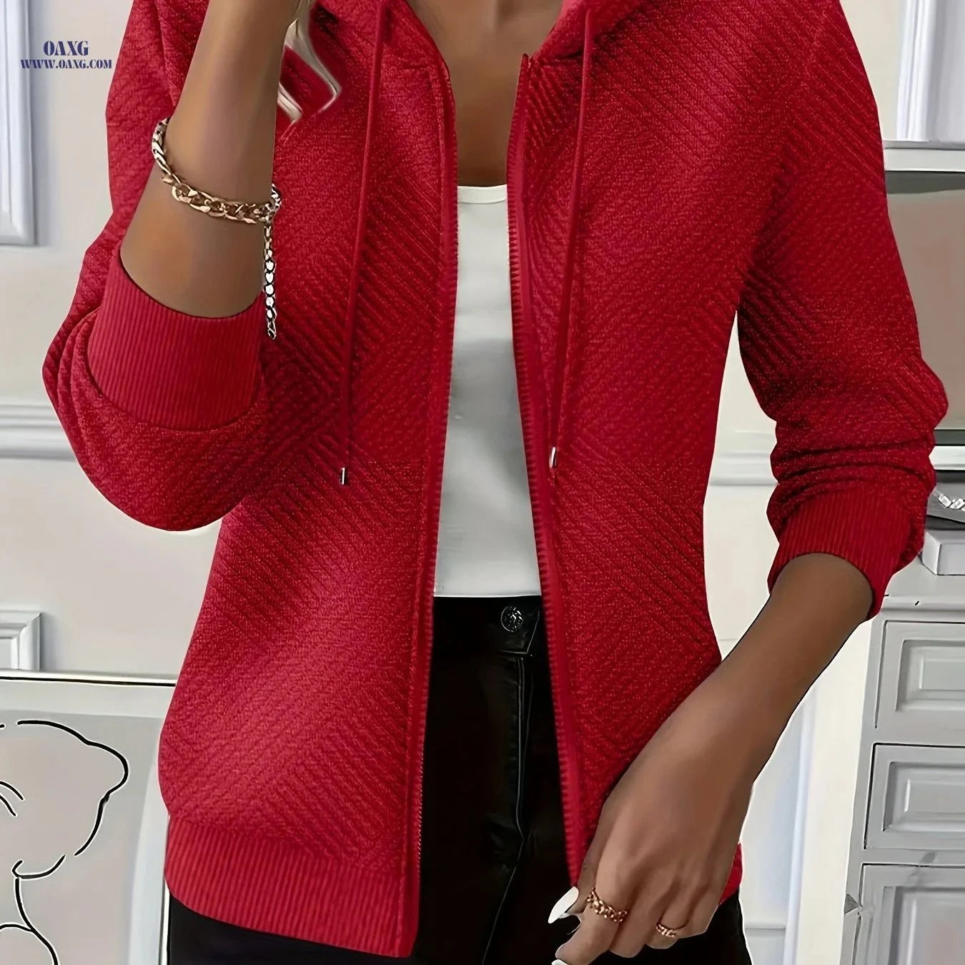OAXG Women's Hooded Jacket - Elegant Casual Zip-Up for Fall   OAXG Grey / S