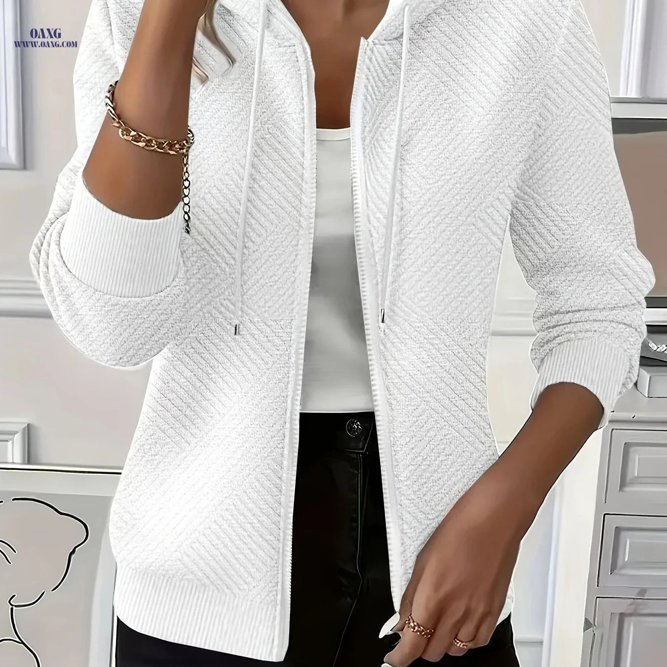 OAXG Women's Hooded Jacket - Elegant Casual Zip-Up for Fall   OAXG Grey / S