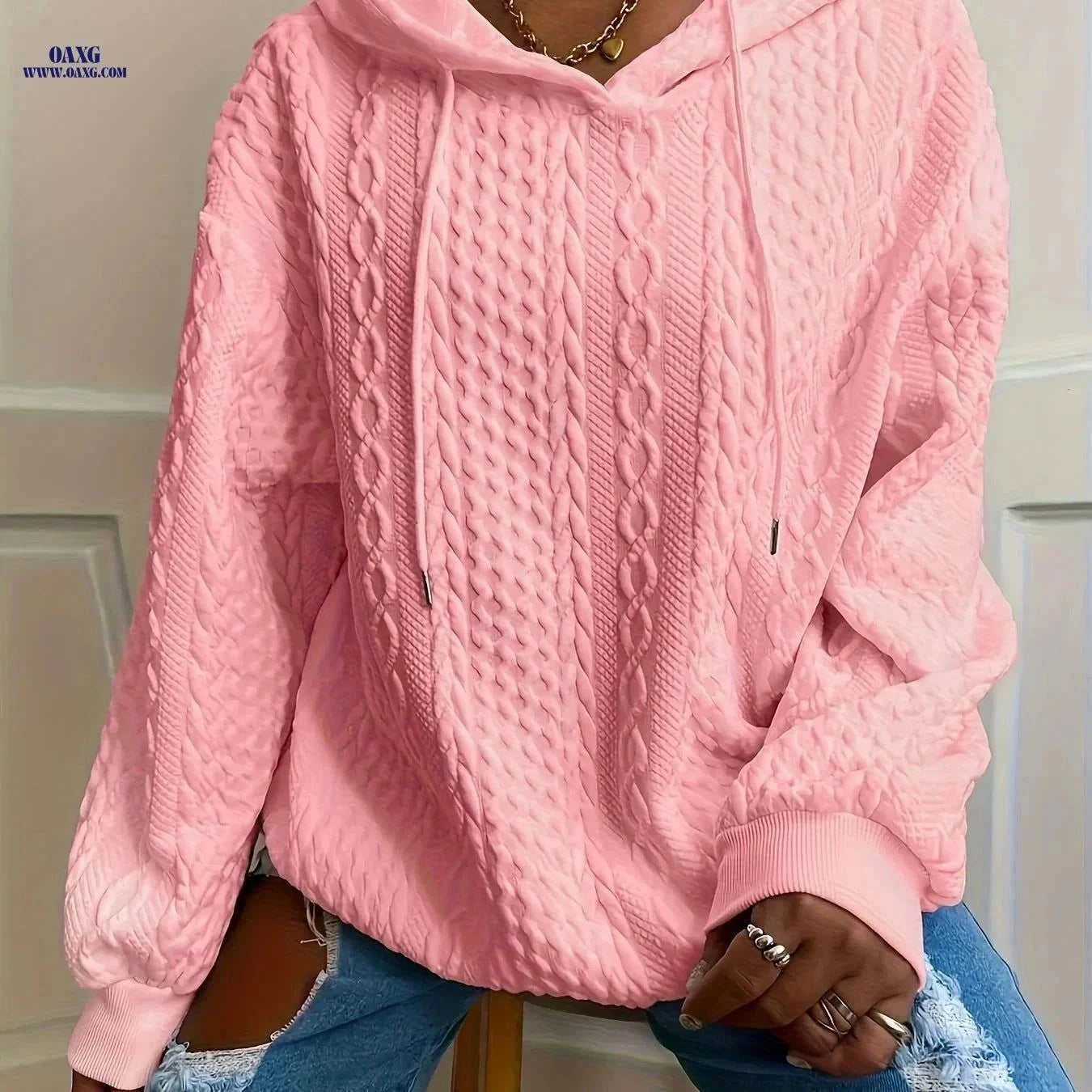 OAXG Women's Hooded Jacquard Sweatshirt - Autumn/Winter Style   OAXG Pink / S