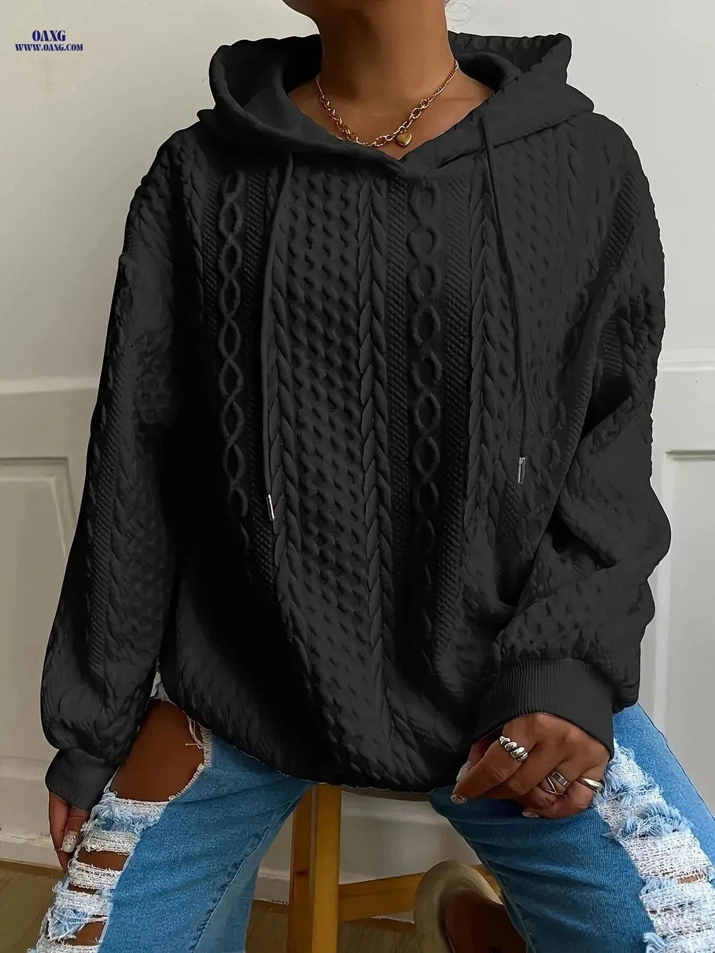 OAXG Women's Hooded Jacquard Sweatshirt - Autumn/Winter Style   OAXG Pink / S