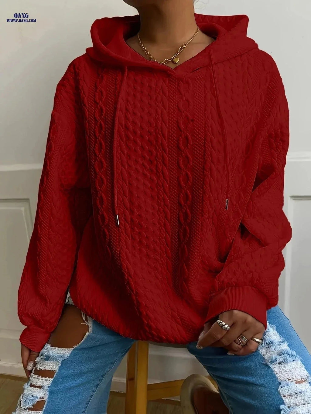 OAXG Women's Hooded Jacquard Sweatshirt - Autumn/Winter Style   OAXG Pink / S