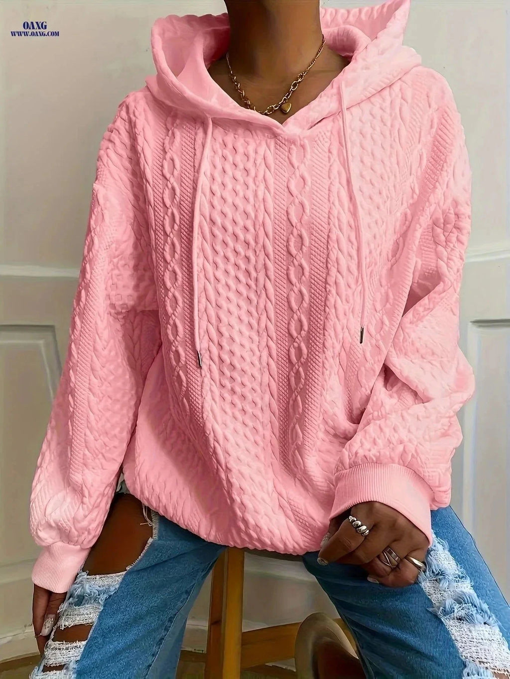 OAXG Women's Hooded Jacquard Sweatshirt - Autumn/Winter Style   OAXG Pink / S