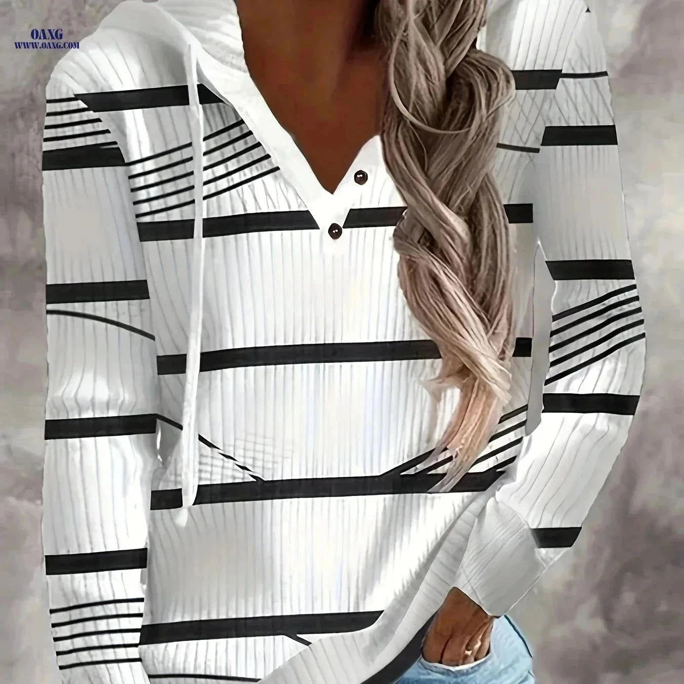 OAXG Women's Hooded Long Sleeve T-Shirt - Casual Striped Print   OAXG White / S