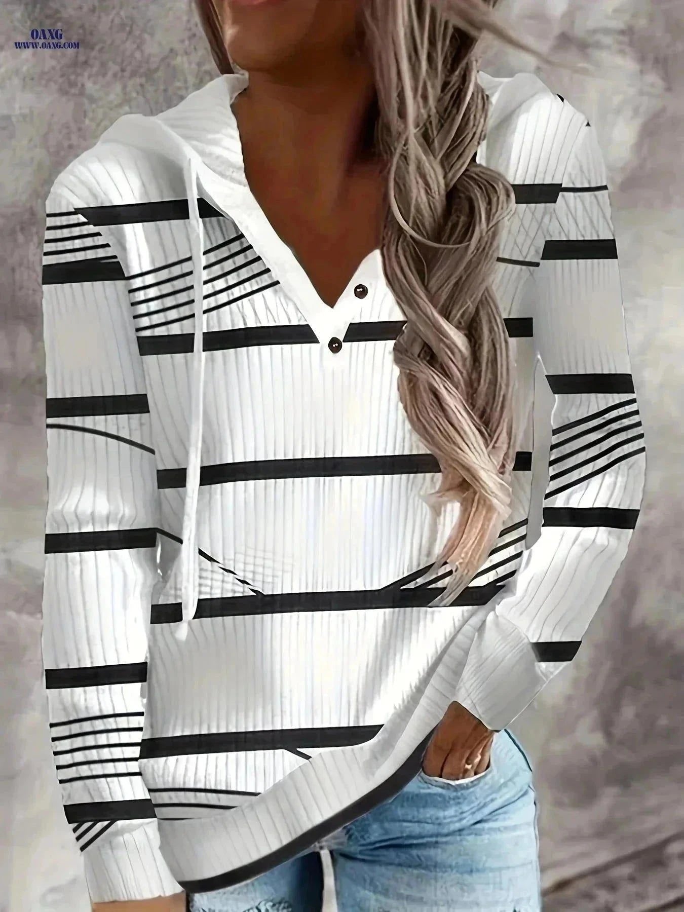 OAXG Women's Hooded Long Sleeve T-Shirt - Casual Striped Print   OAXG White / S