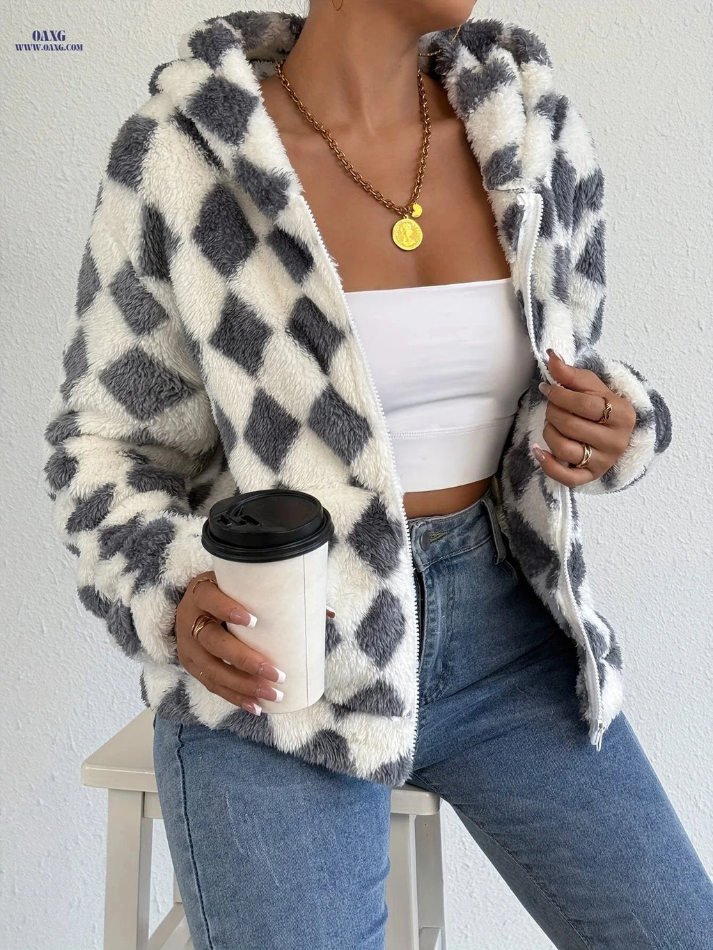 OAXG Women's Hooded Plaid Fleece Sweatshirt - Casual Spring/Fall Top   OAXG 