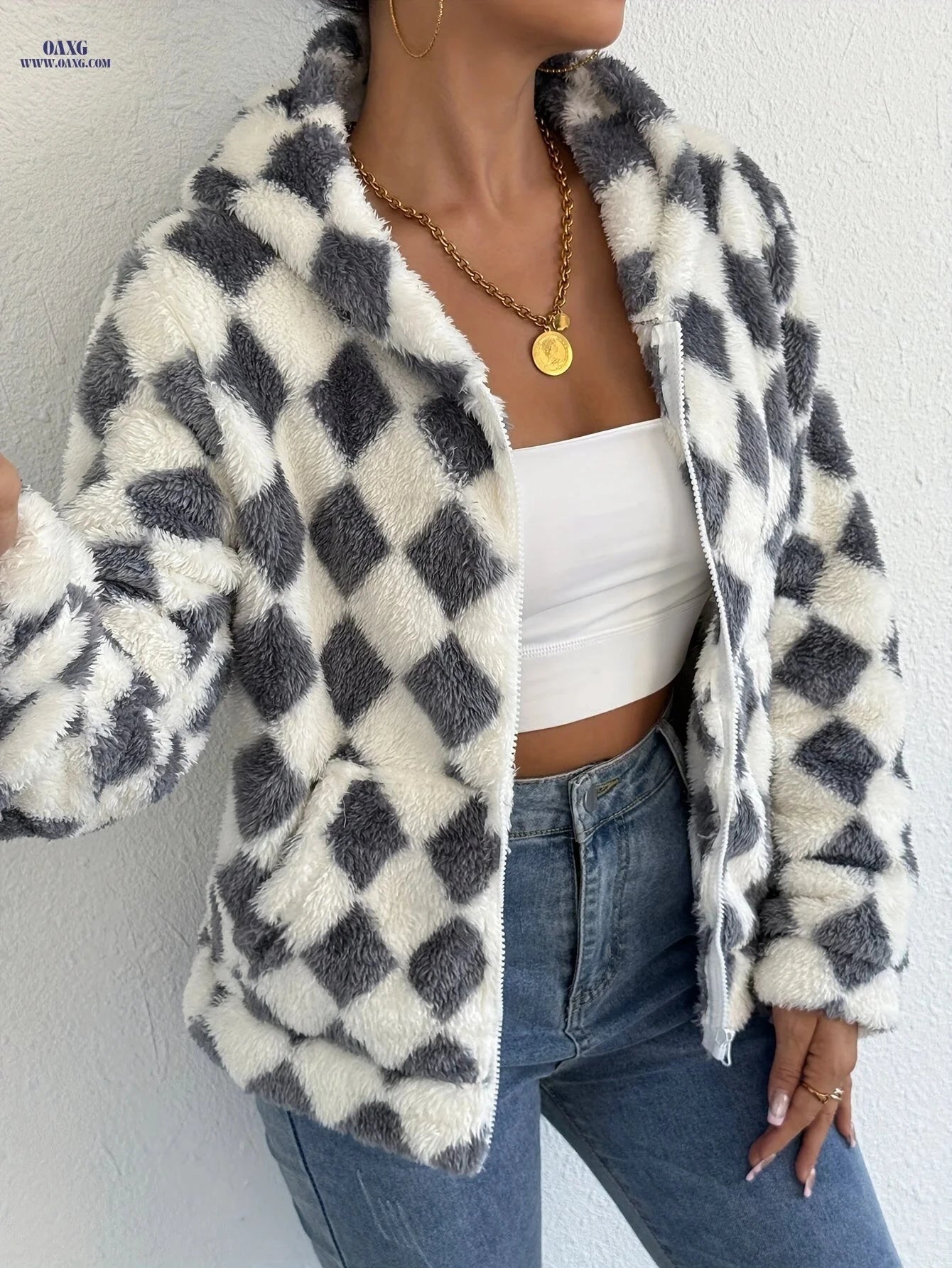 OAXG Women's Hooded Plaid Fleece Sweatshirt - Casual Spring/Fall Top   OAXG 