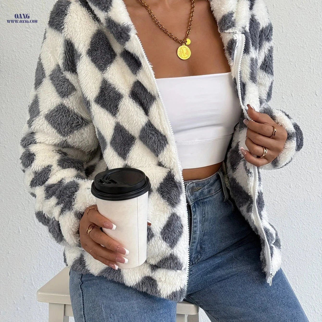 OAXG Women's Hooded Plaid Fleece Sweatshirt - Casual Spring/Fall Top   OAXG 