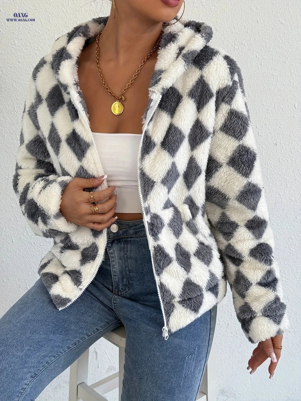 OAXG Women's Hooded Plaid Fleece Sweatshirt - Casual Spring/Fall Top   OAXG 