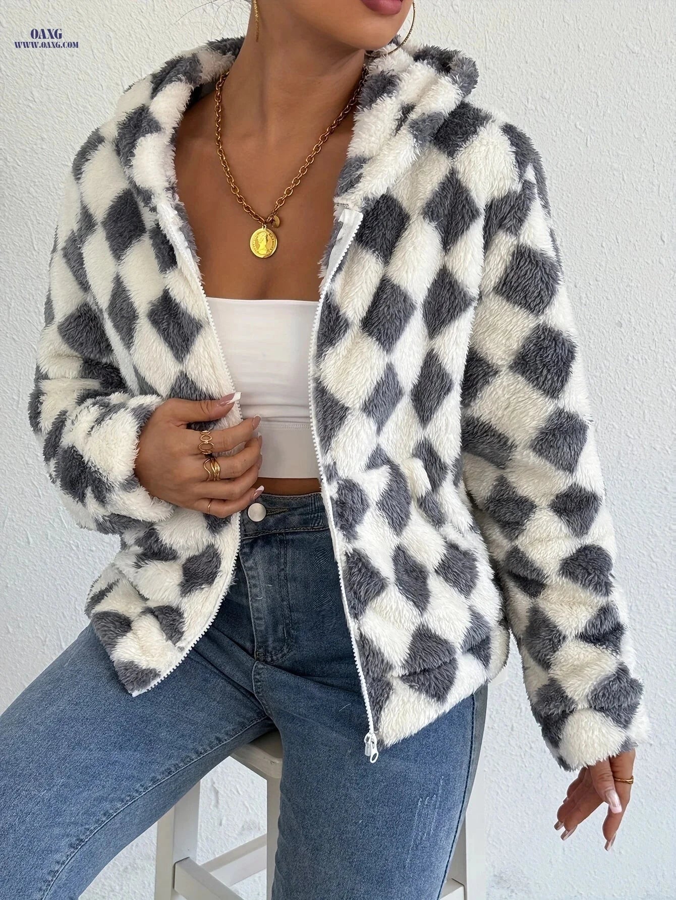 OAXG Women's Hooded Plaid Fleece Sweatshirt - Casual Spring/Fall Top   OAXG 