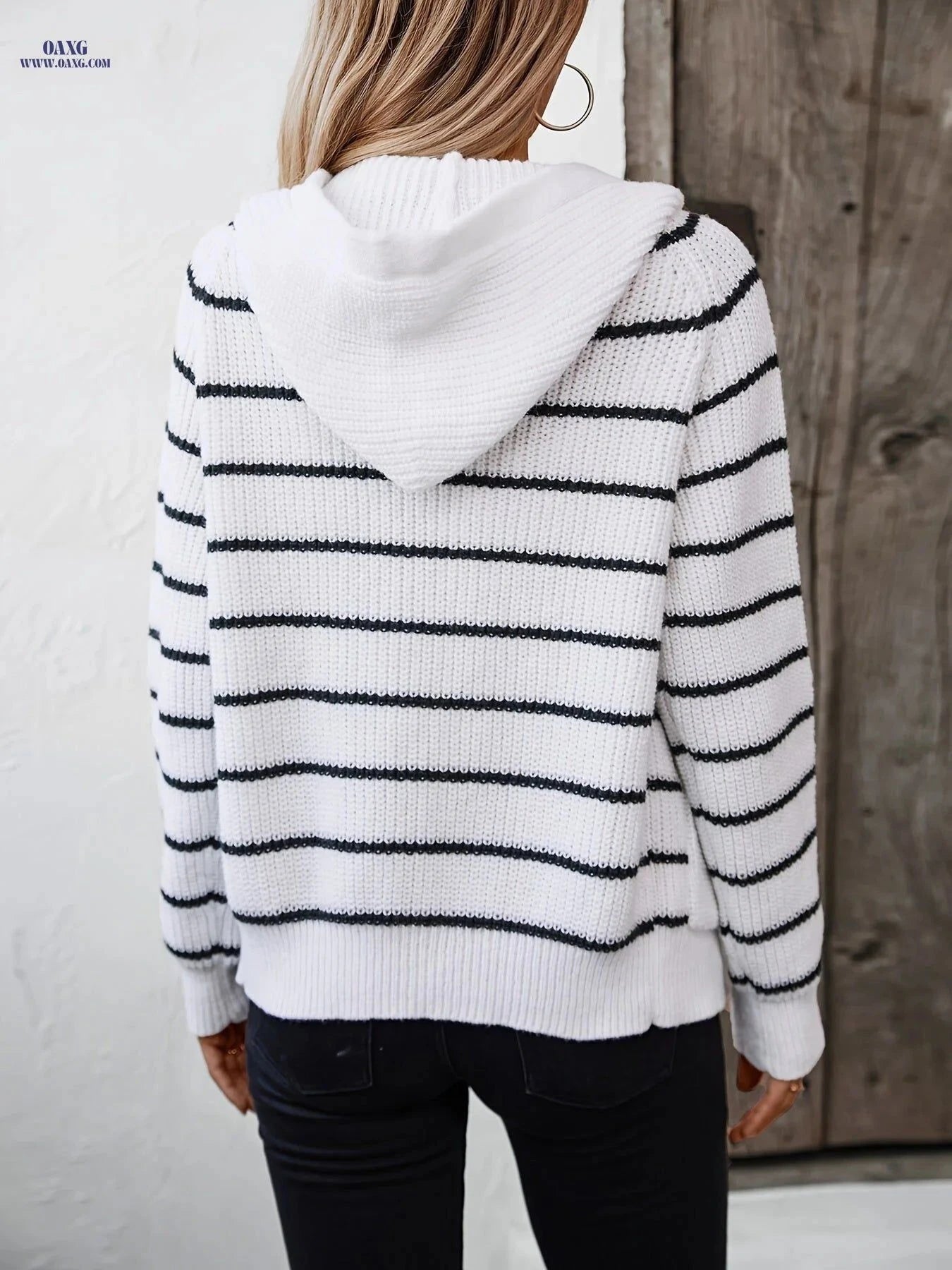 OAXG Women's Hooded Striped Cardigan - Casual Loose Fit Sweater   OAXG Coffee Color / S