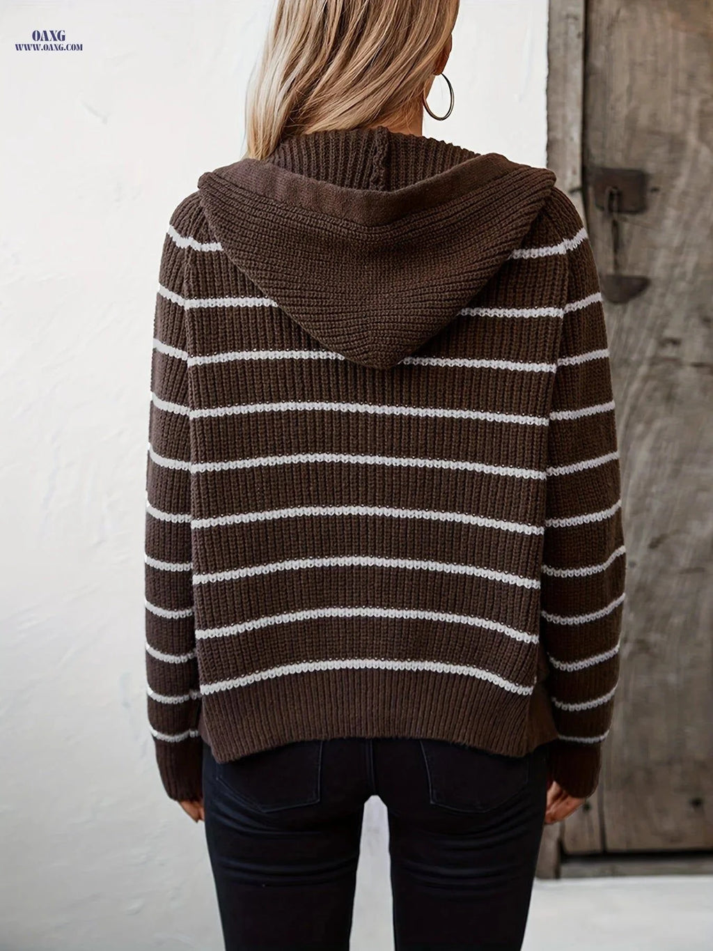 OAXG Women's Hooded Striped Cardigan - Casual Loose Fit Sweater   OAXG Coffee Color / S