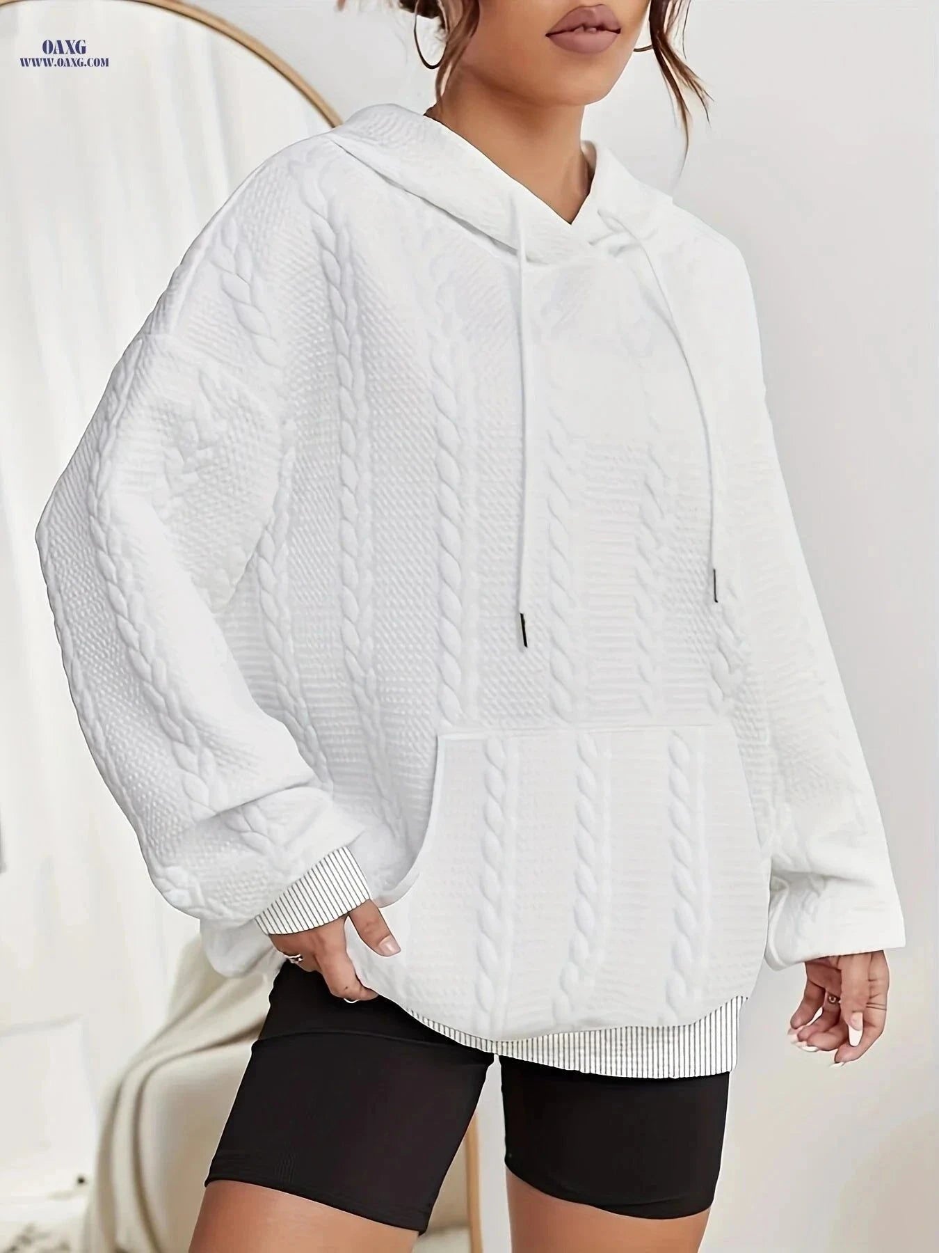 OAXG Women's Hooded Sweater - Casual Solid Color Pullover for Autumn   OAXG White / S
