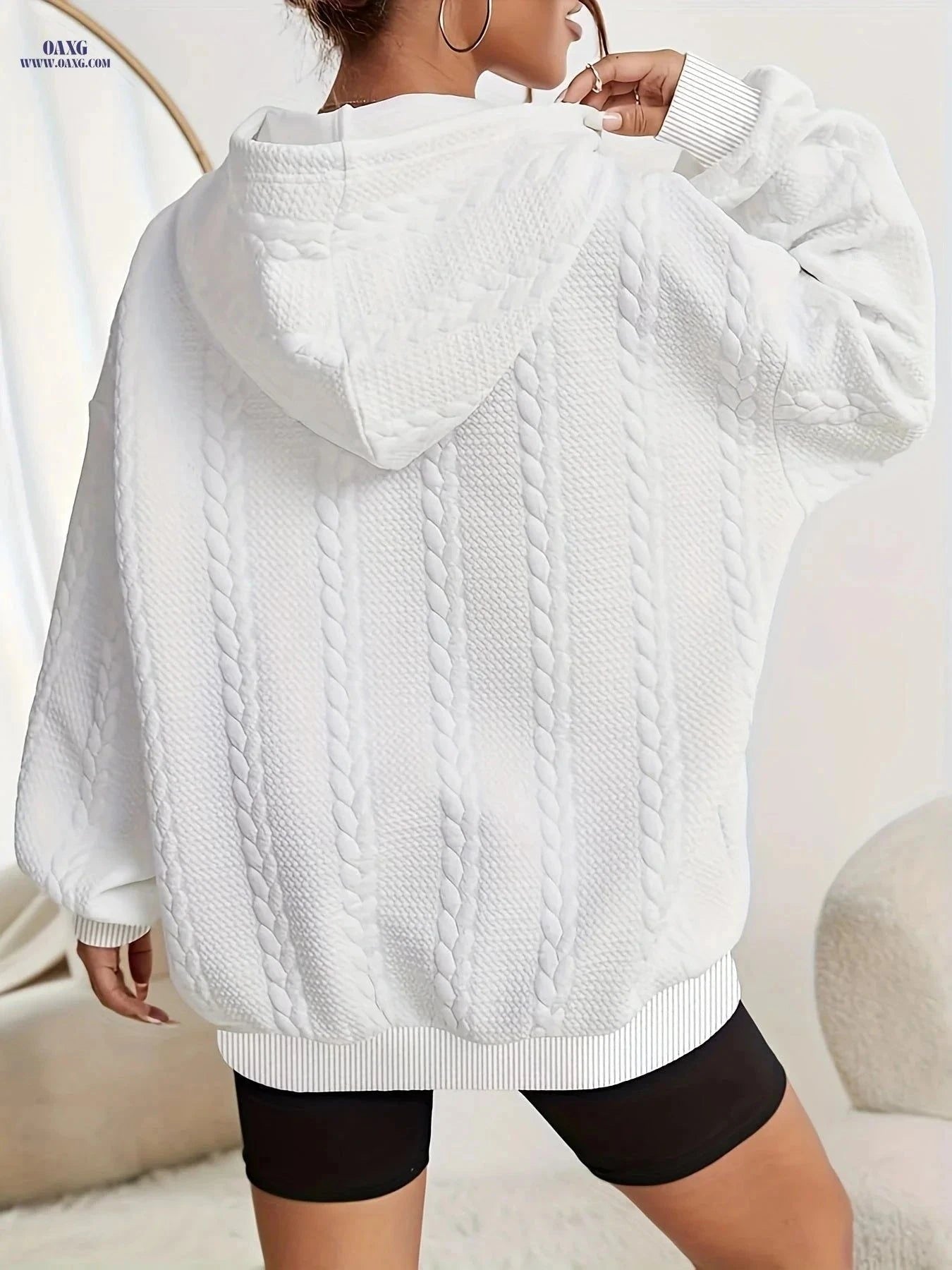 OAXG Women's Hooded Sweater - Casual Solid Color Pullover for Autumn   OAXG White / S
