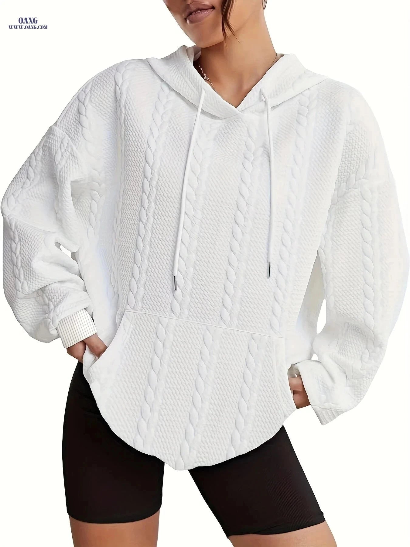 OAXG Women's Hooded Sweater - Casual Solid Color Pullover for Autumn   OAXG White / S