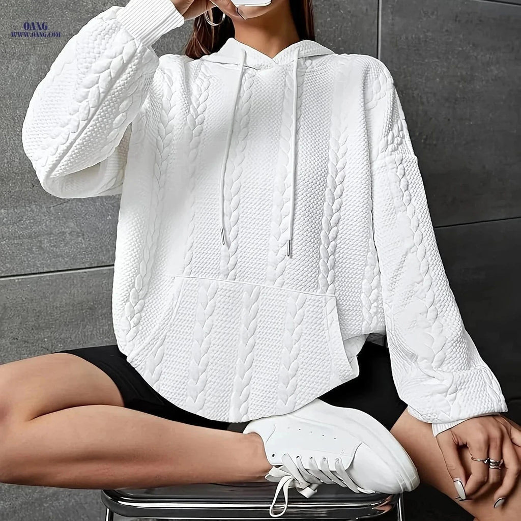 OAXG Women's Hooded Sweater - Casual Solid Color Pullover for Autumn   OAXG White / S