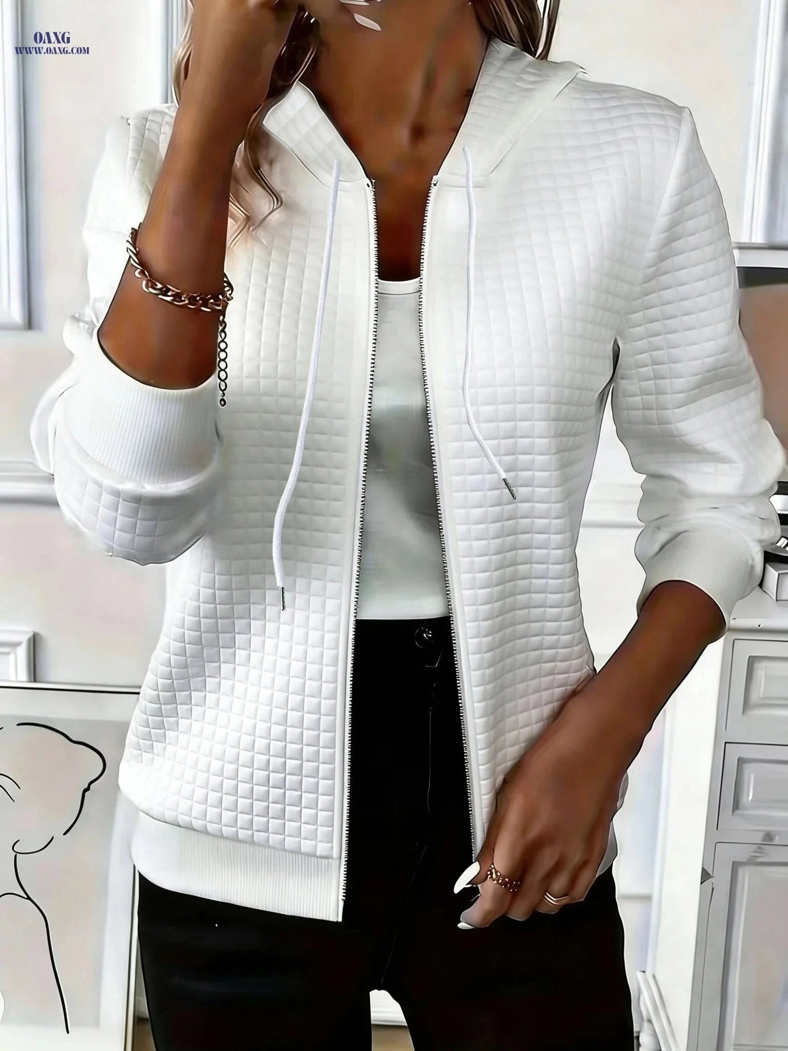 OAXG Women's Hooded Sweater - Stylish Geometric Jacquard Jacket   OAXG 