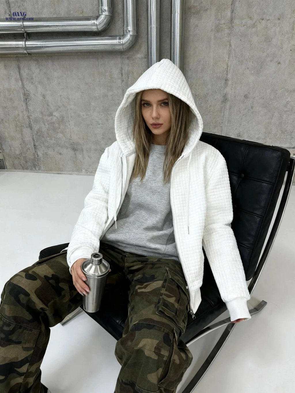 OAXG Women's Hooded Sweater - Stylish Geometric Jacquard Jacket   OAXG 