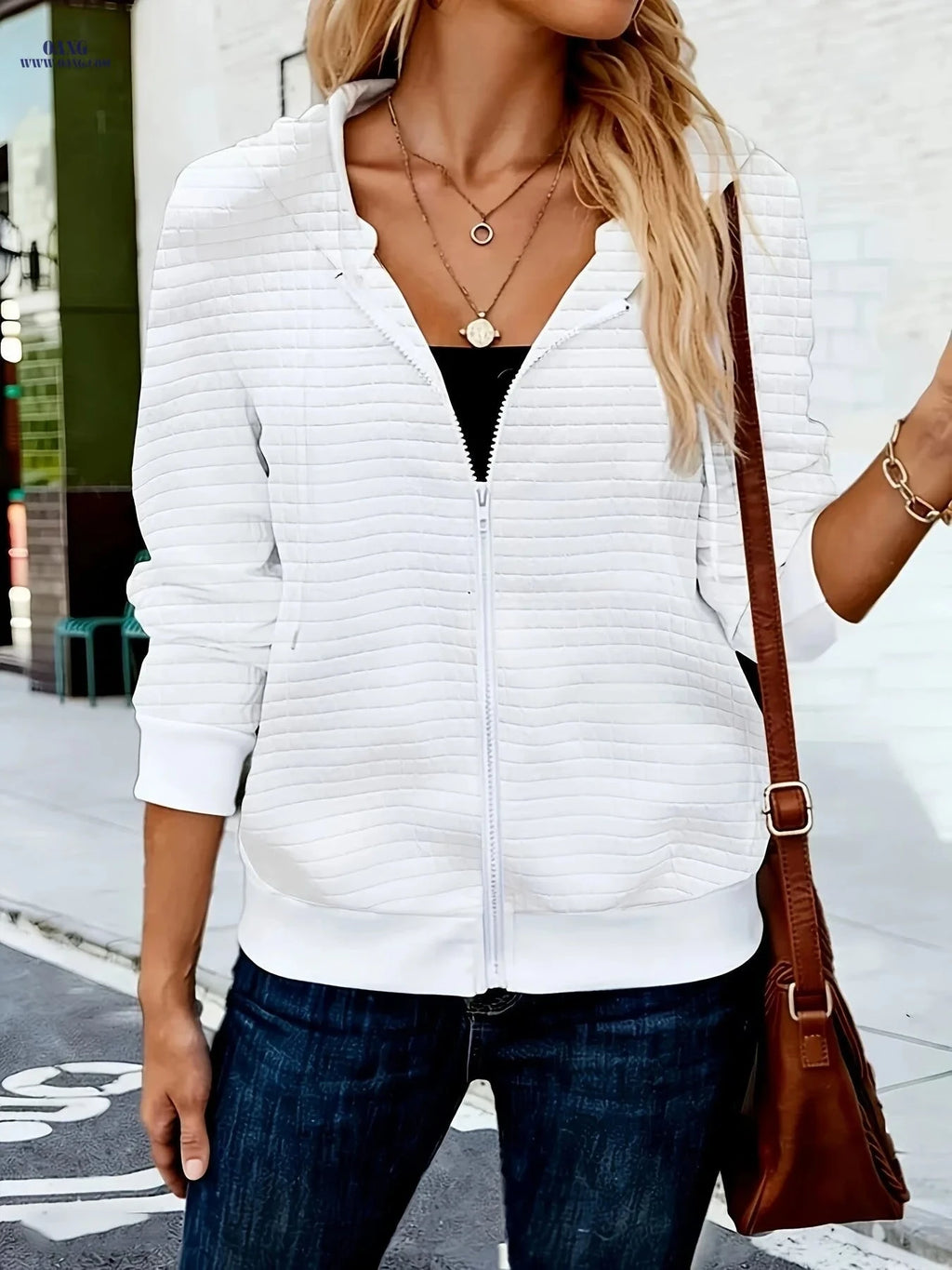 OAXG Women's Hooded Sweater - Stylish Geometric Jacquard Jacket   OAXG 