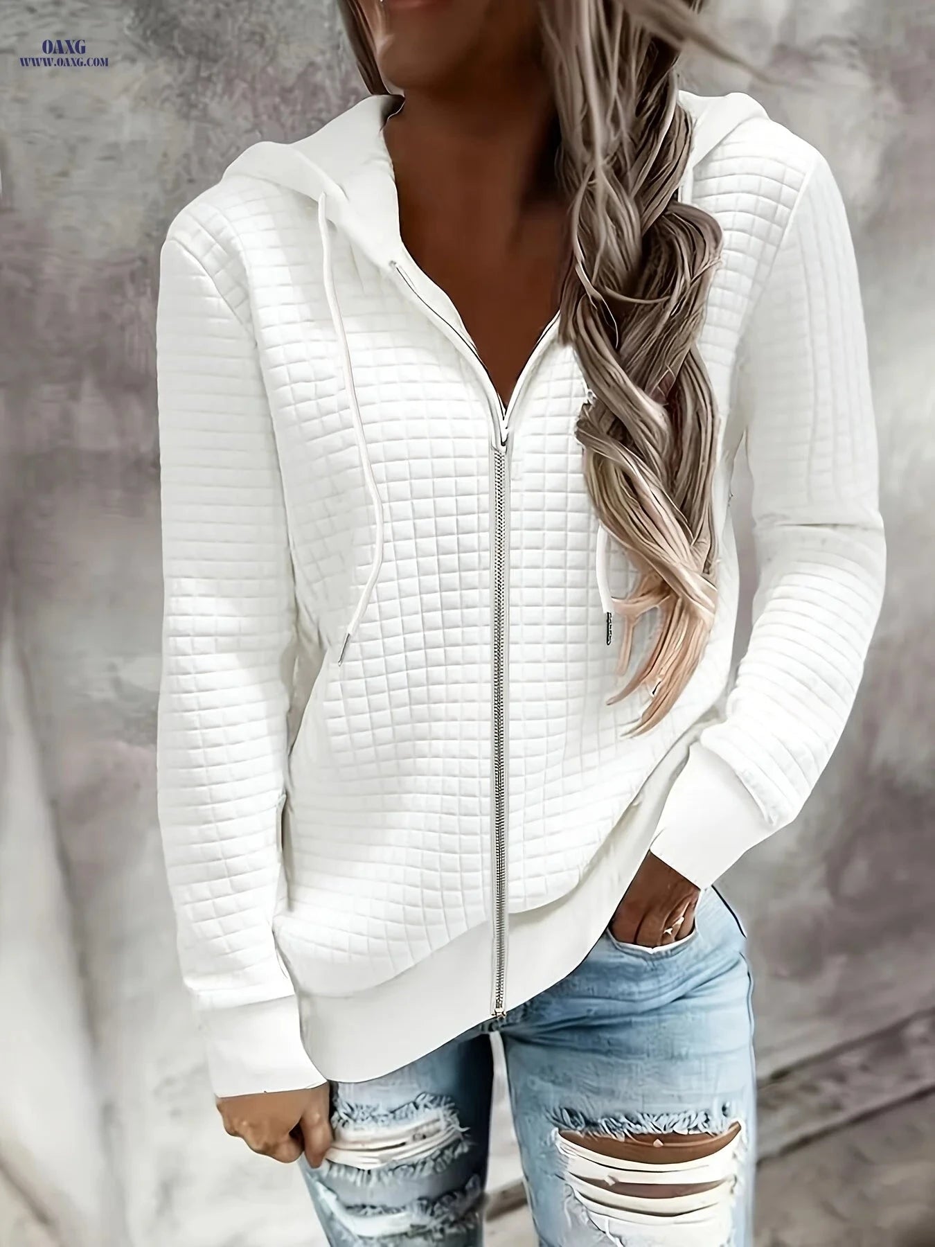 OAXG Women's Hooded Sweater - Stylish Geometric Jacquard Jacket   OAXG 