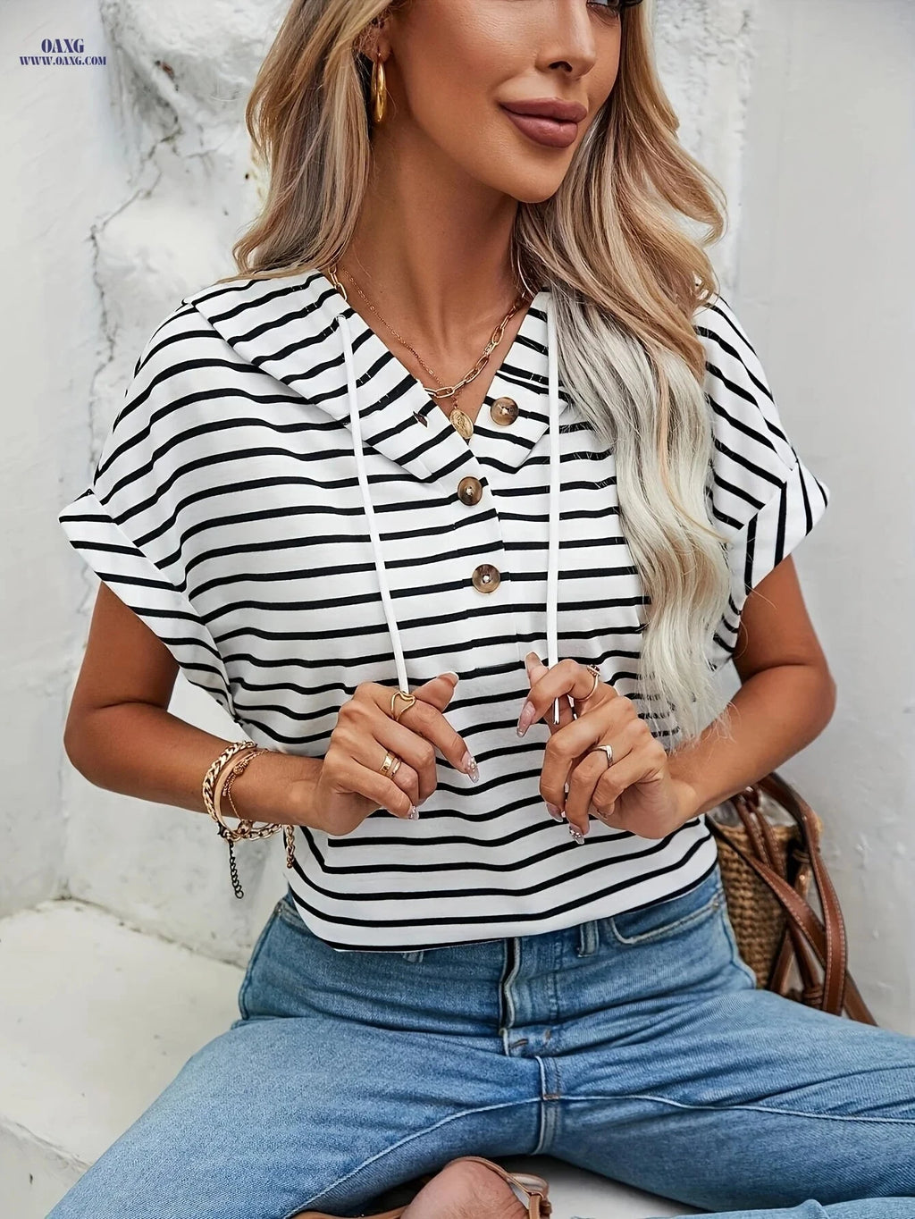 OAXG Women's Hooded Sweatshirt - Casual Striped Summer Style   OAXG 